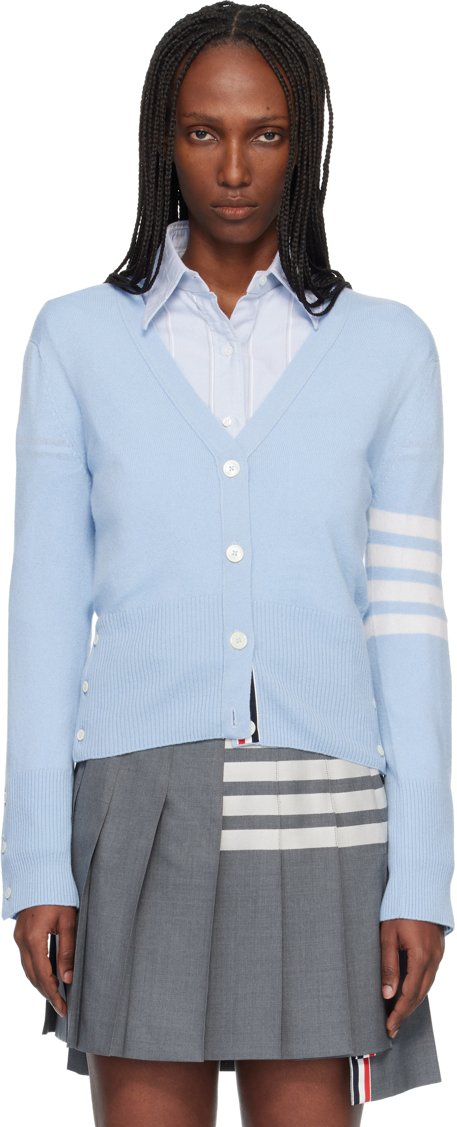 Thom Browne Blue Classic Cashmere 4-Bar V-Neck Cardigan