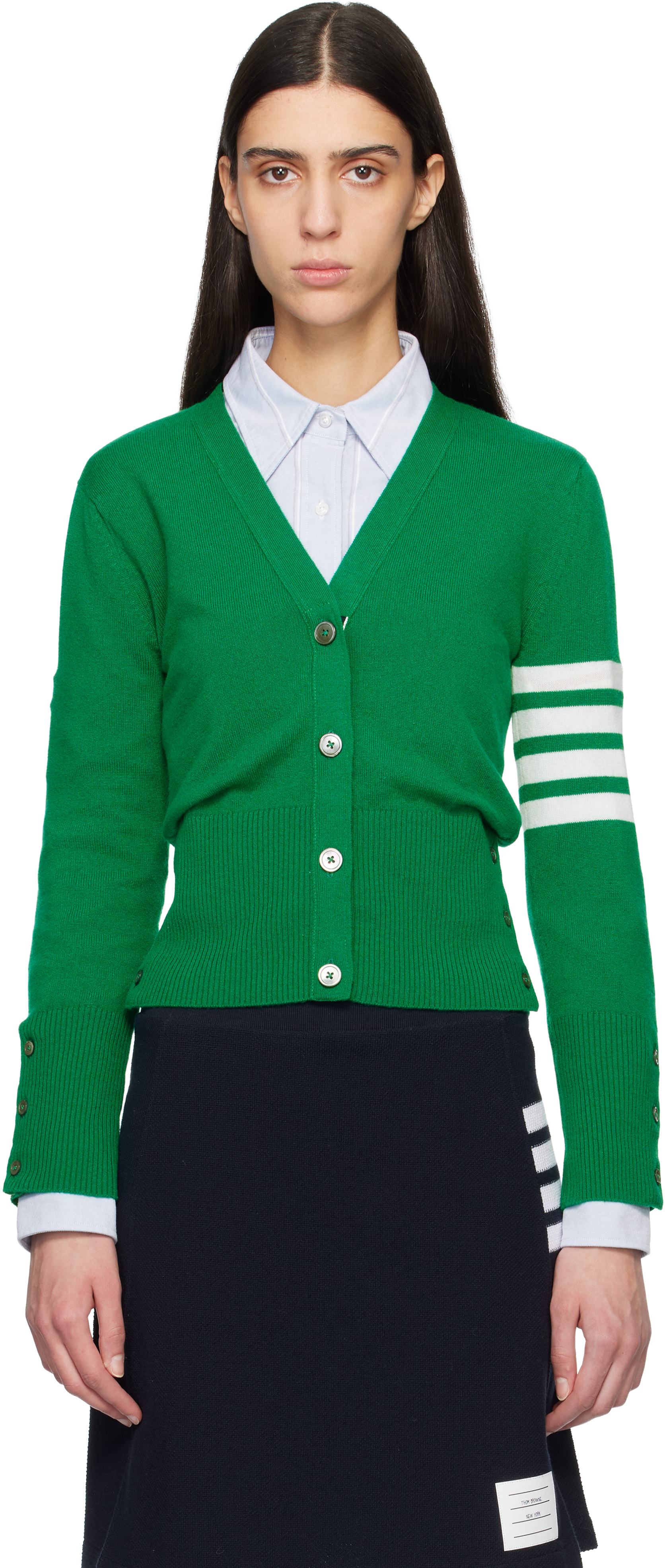 Green Classic Cashmere 4-Bar V-Neck Cardigan by Thom Browne on Sale