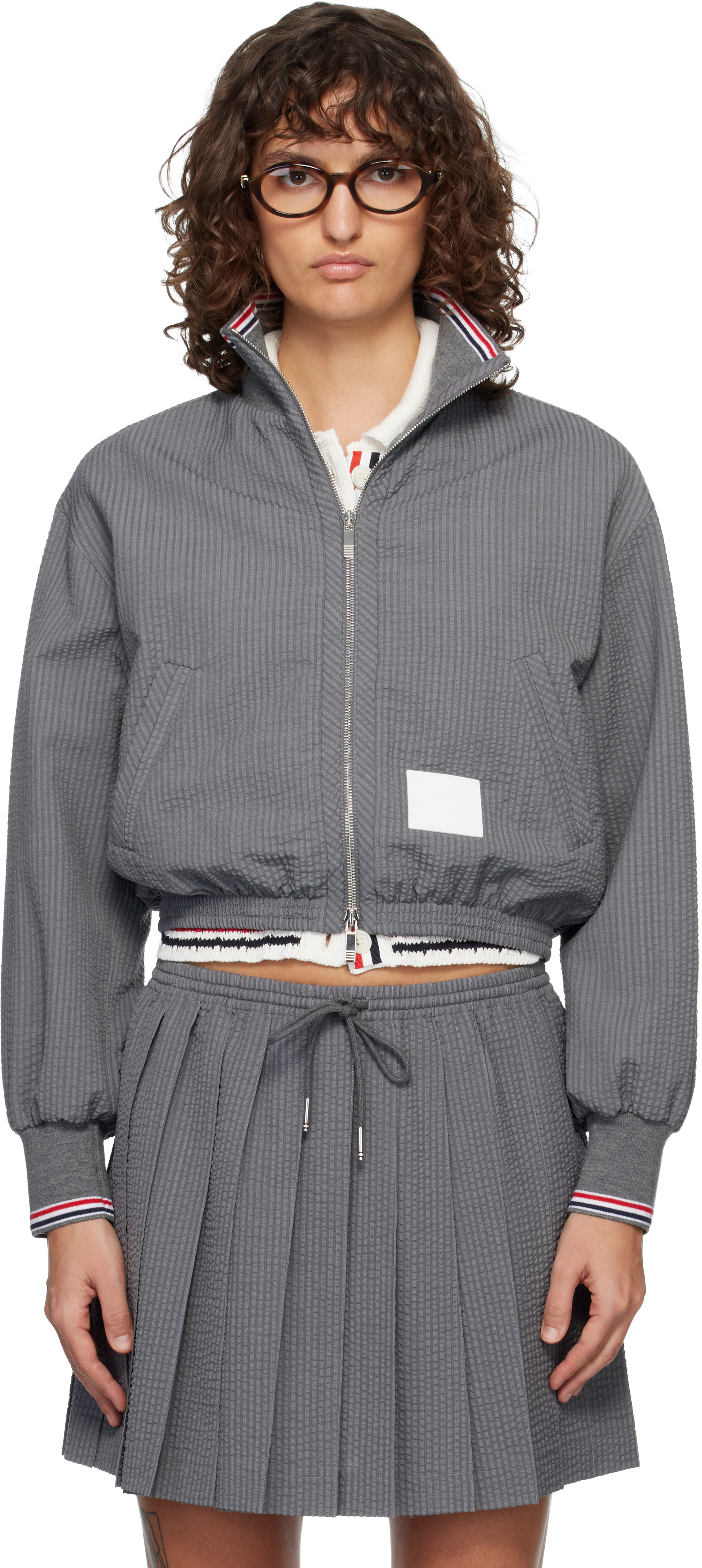 Thom Browne: グレー ウール シアサッカー ジップアップ トラック