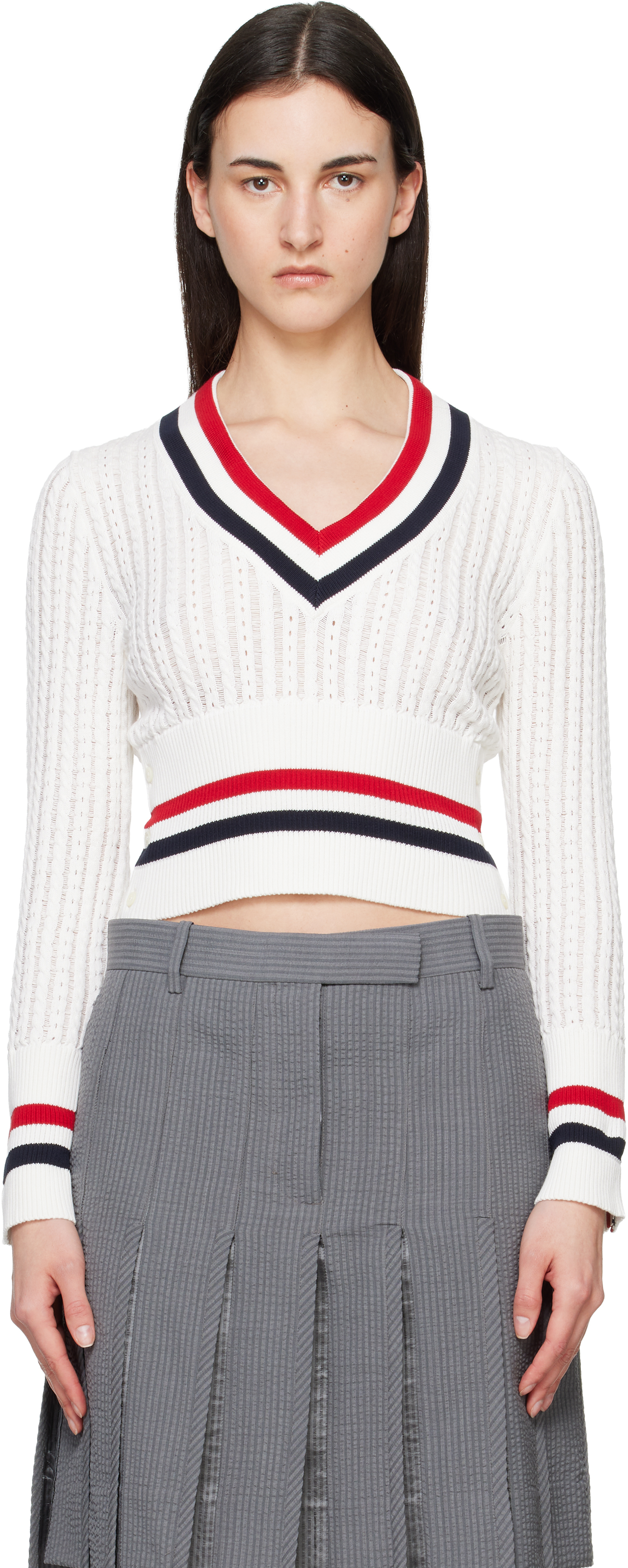 Thom Browne Off-White Baby Ladder Cable Shrunken V Neck Sweater