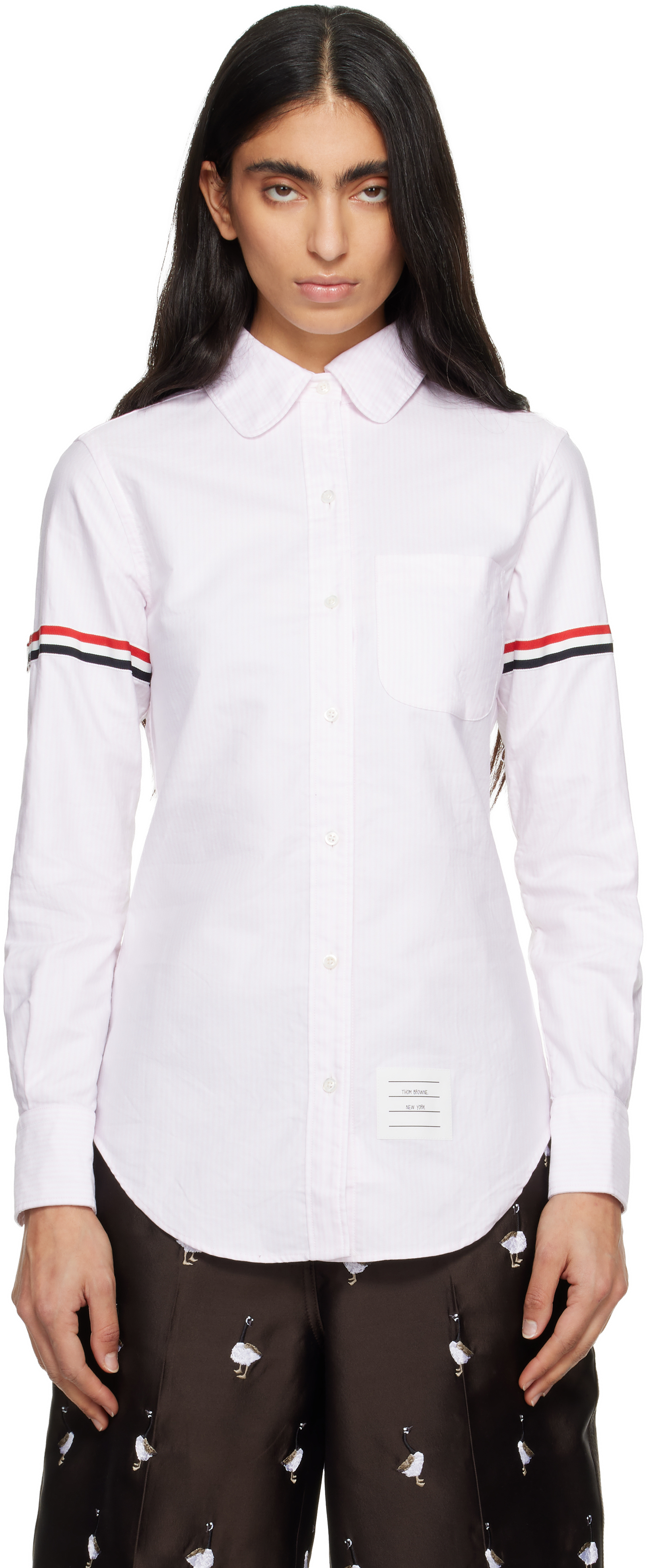 Pink Stripe Oxford Armband Round Collar Shirt by Thom Browne on Sale