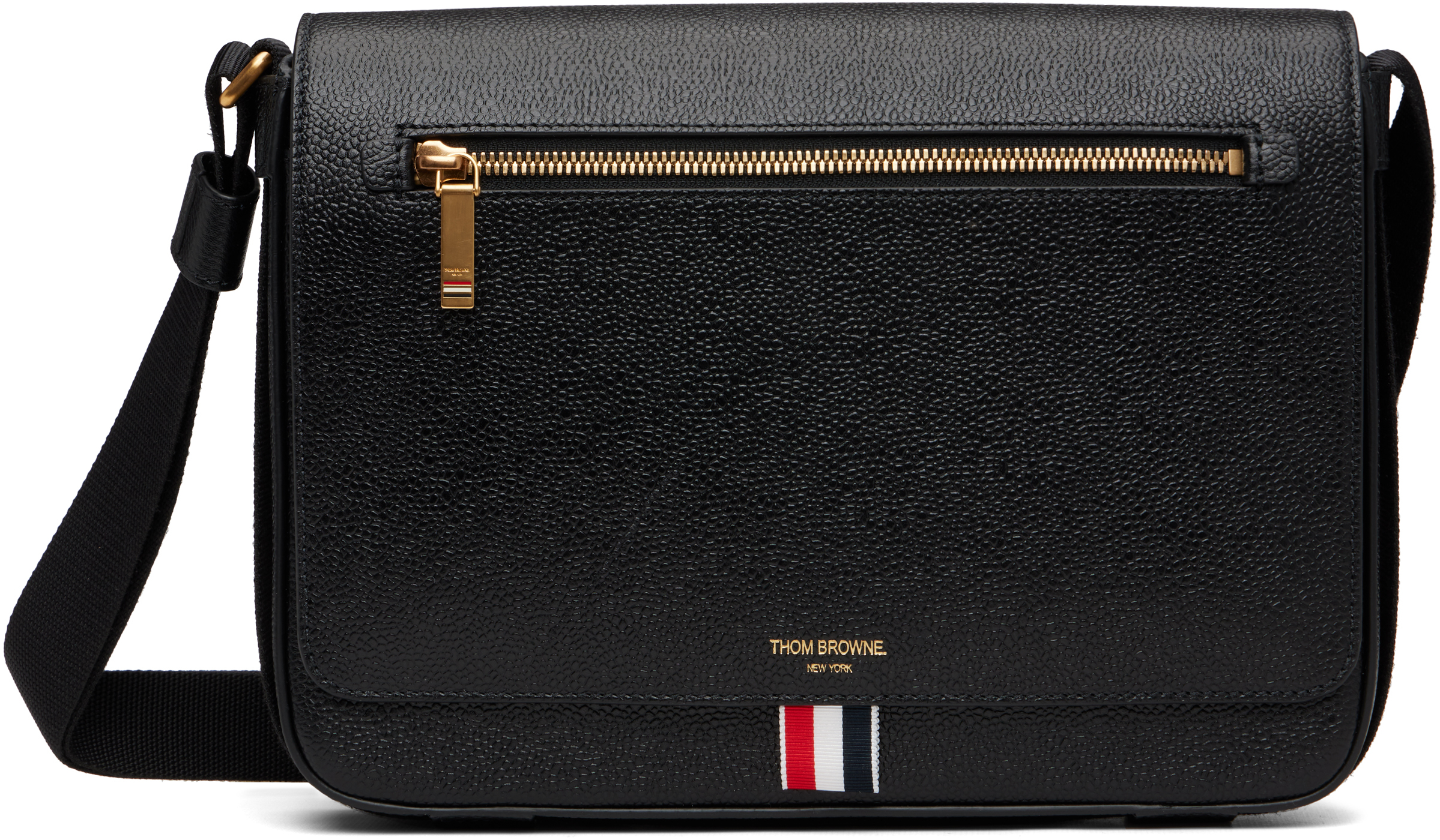 Thom Browne: ブラック ペブルグレイン リポーターバッグ | SSENSE 日本