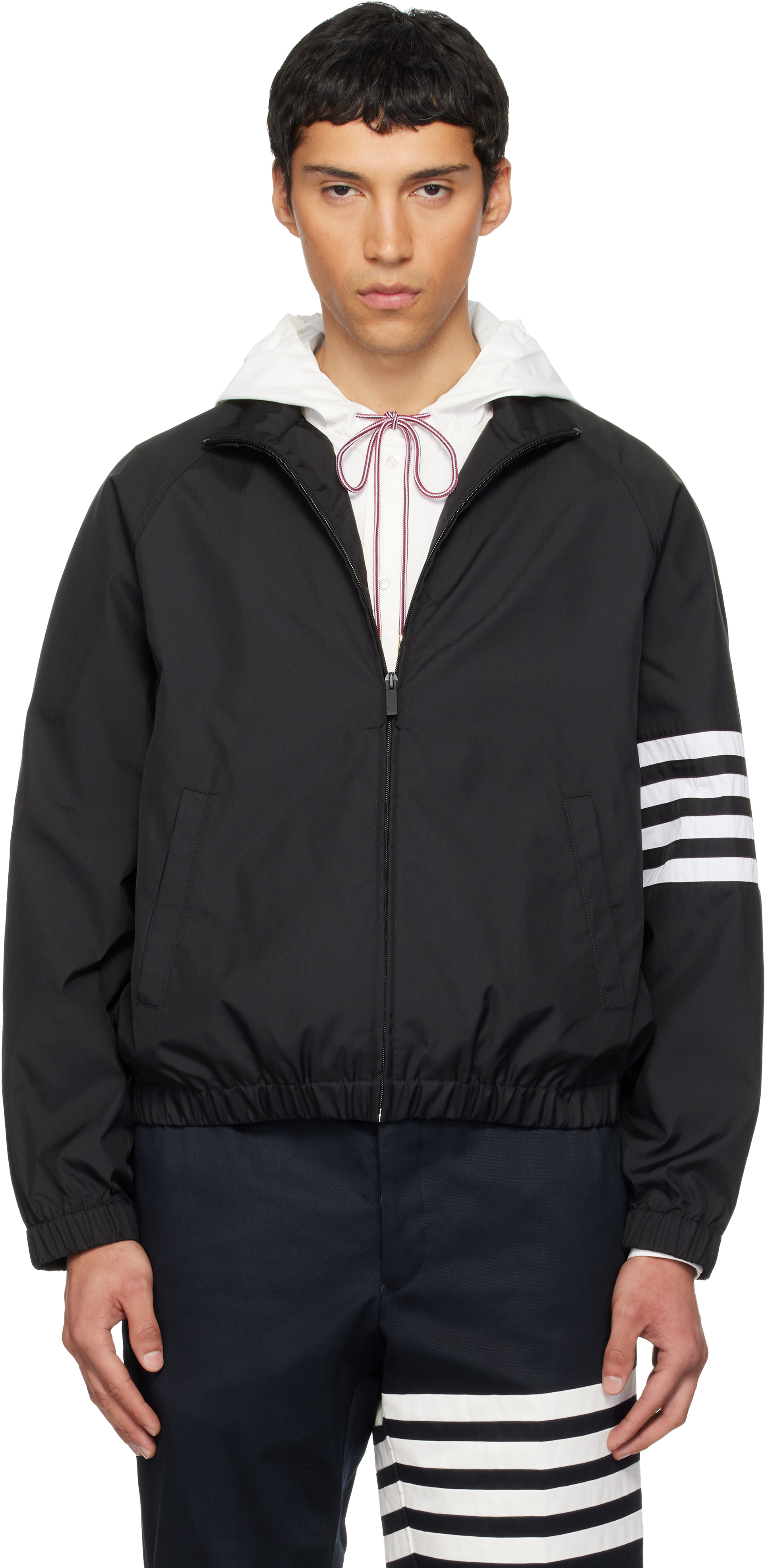 Thom Browne: Black Shiny Ripstop Raglan 4-Bar Track Jacket | SSENSE