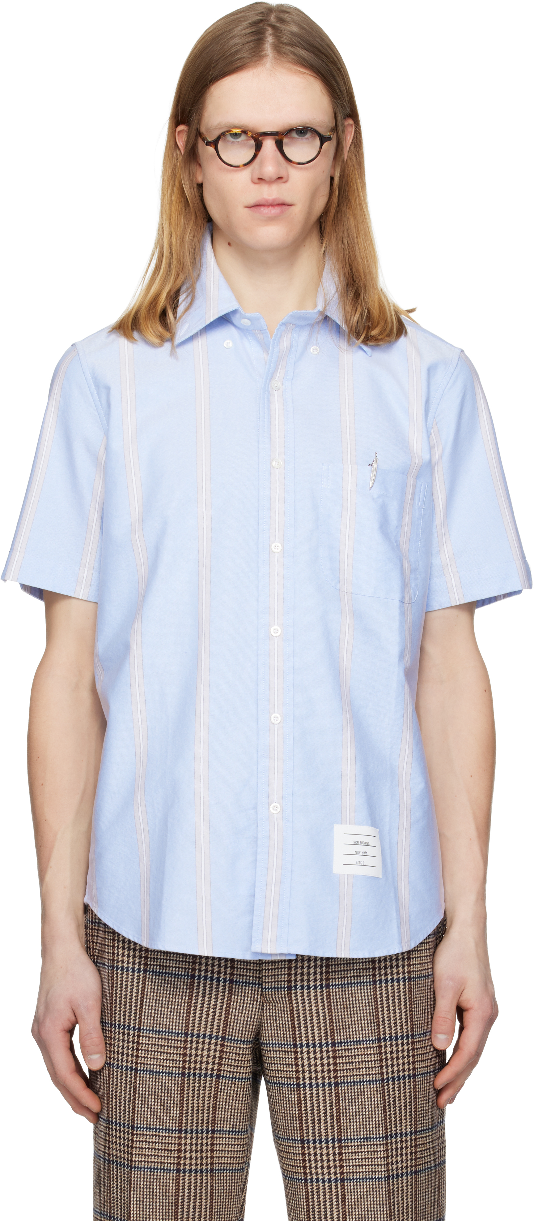 Blue Straight Fit School Stripe Short Sleeve Shirt by Thom Browne