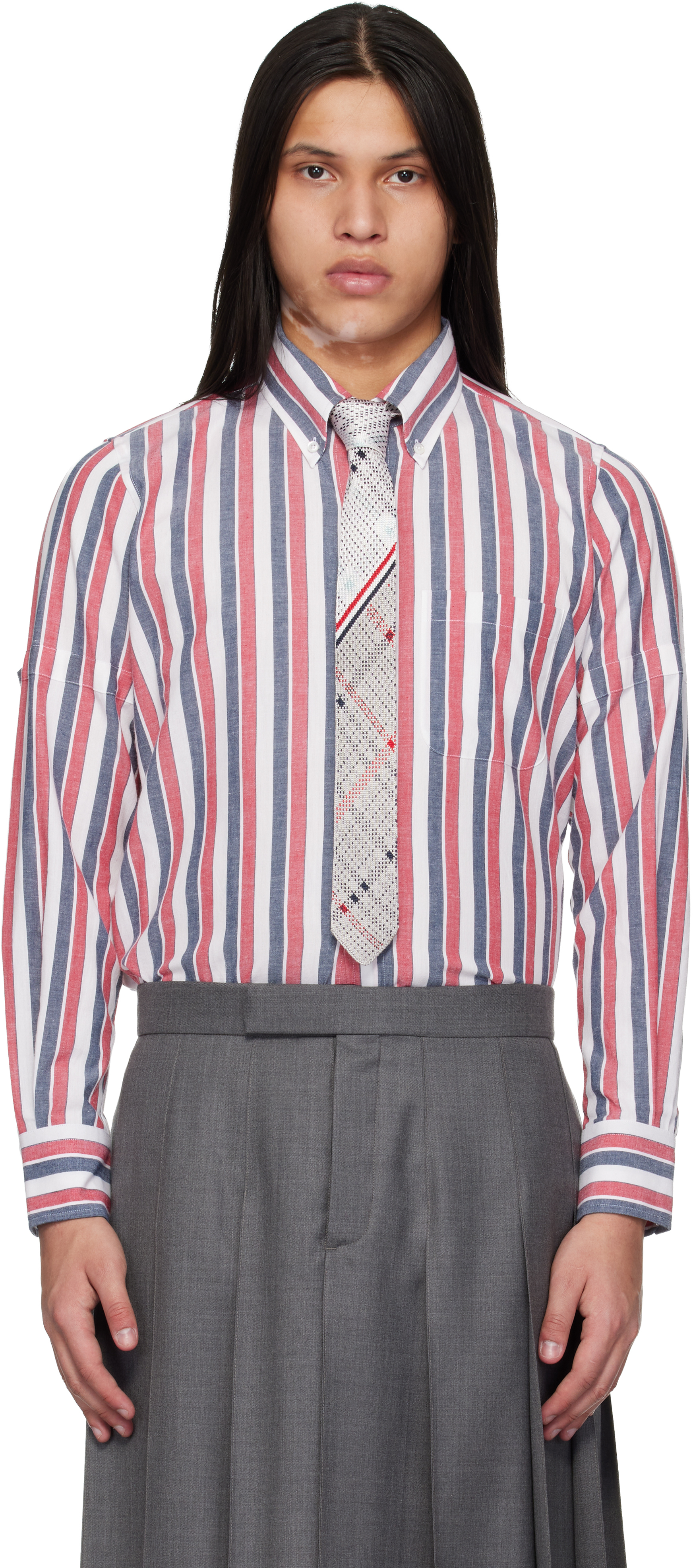 Thom Browne Red & Gray Madras Cotton Repp Stripe Armband Shirt