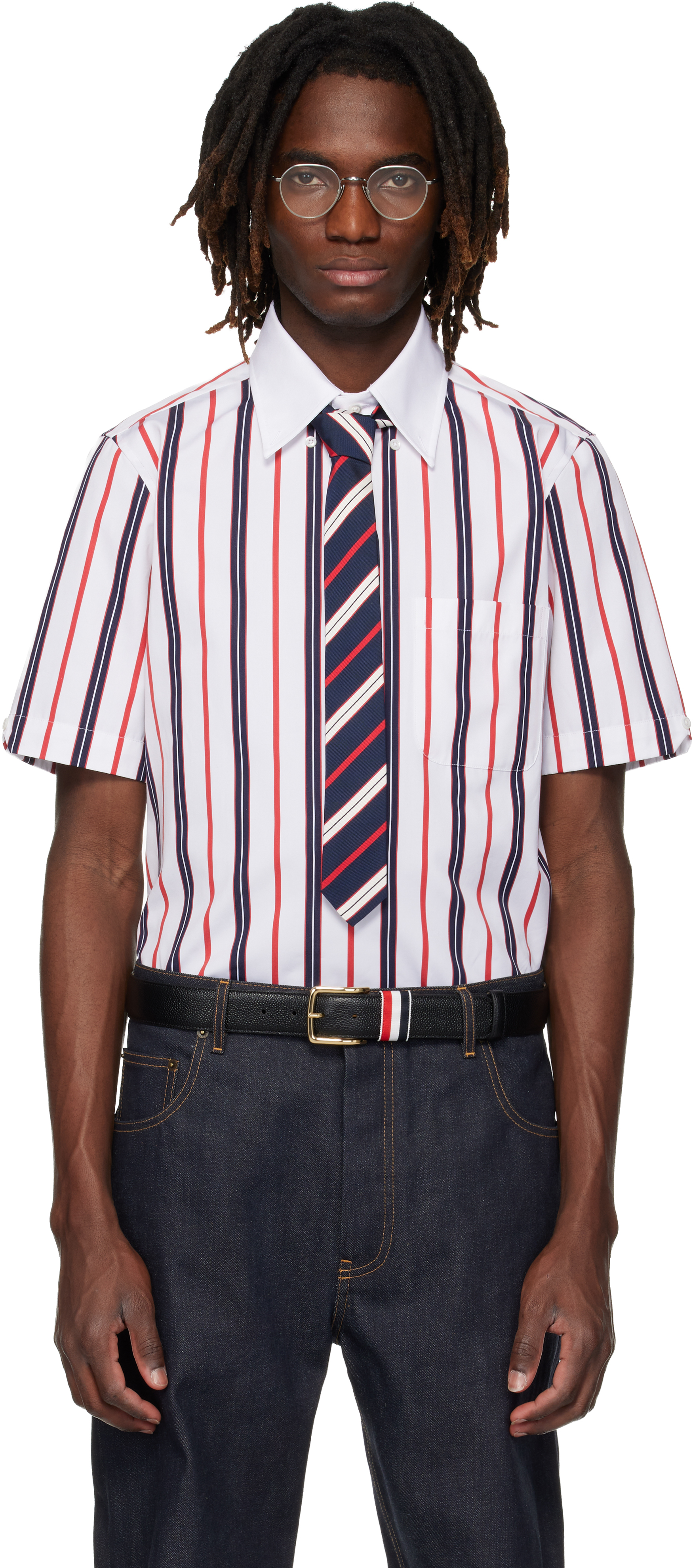 THOM BROWNE ストライプ 半袖シャツ Thom Browne: ホワイト Repp ストライプ ポプリン 半袖シャツ | SSENSE