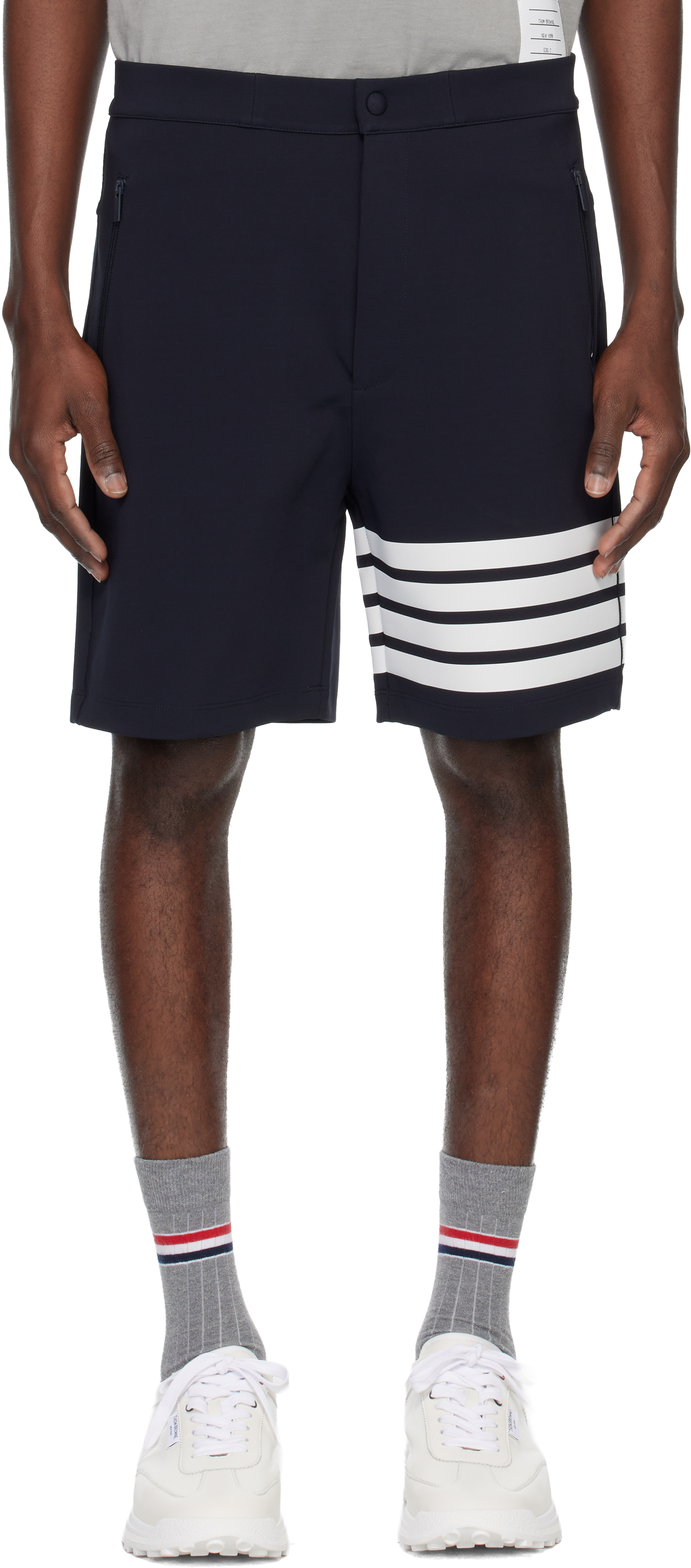 Thom Browne: Navy Mid Thigh 4 Bar Shorts | SSENSE Canada