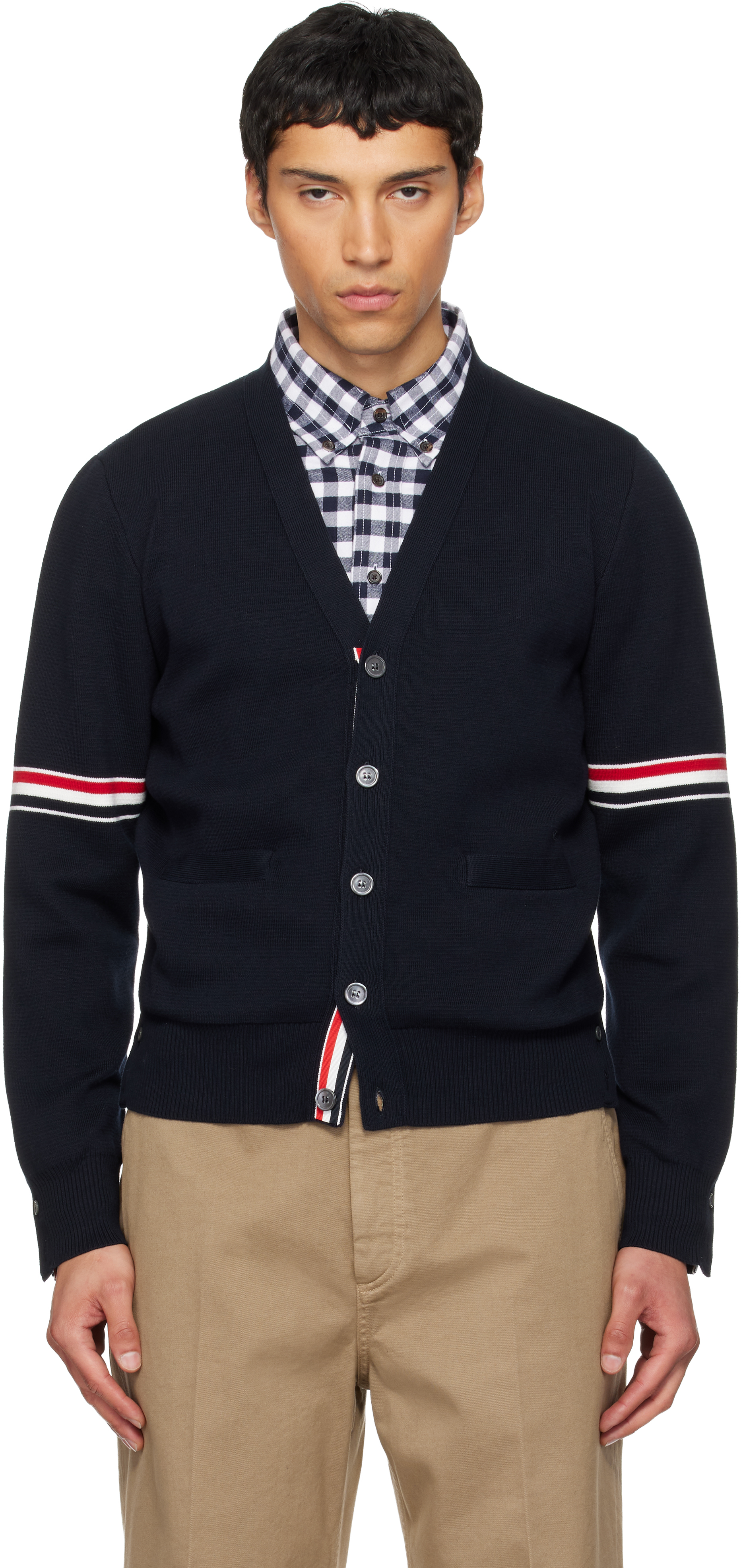 Thom Browne: Navy Cotton Milano Stitch V-Neck Cardigan | SSENSE