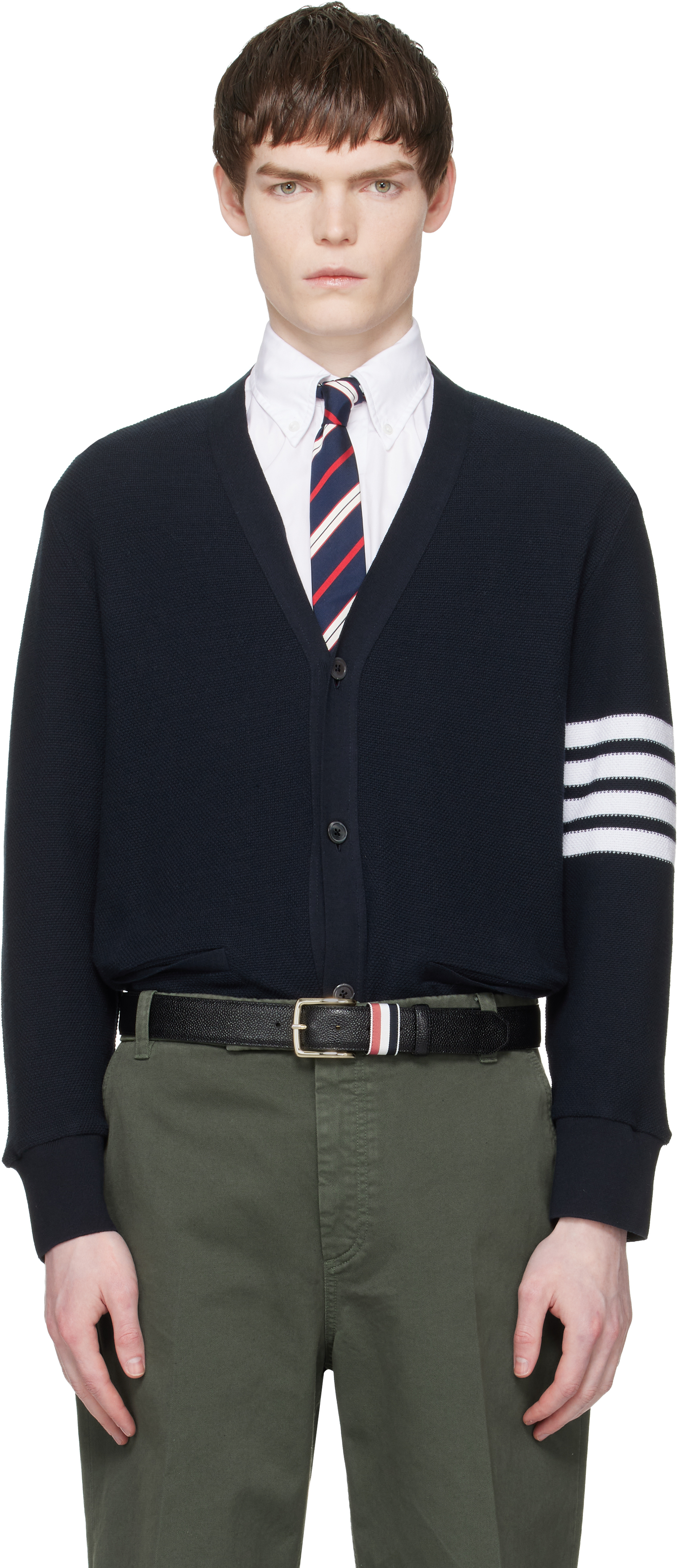 Thom Browne: ネイビー 4-Bar テクスチャード ピケ カーディガン