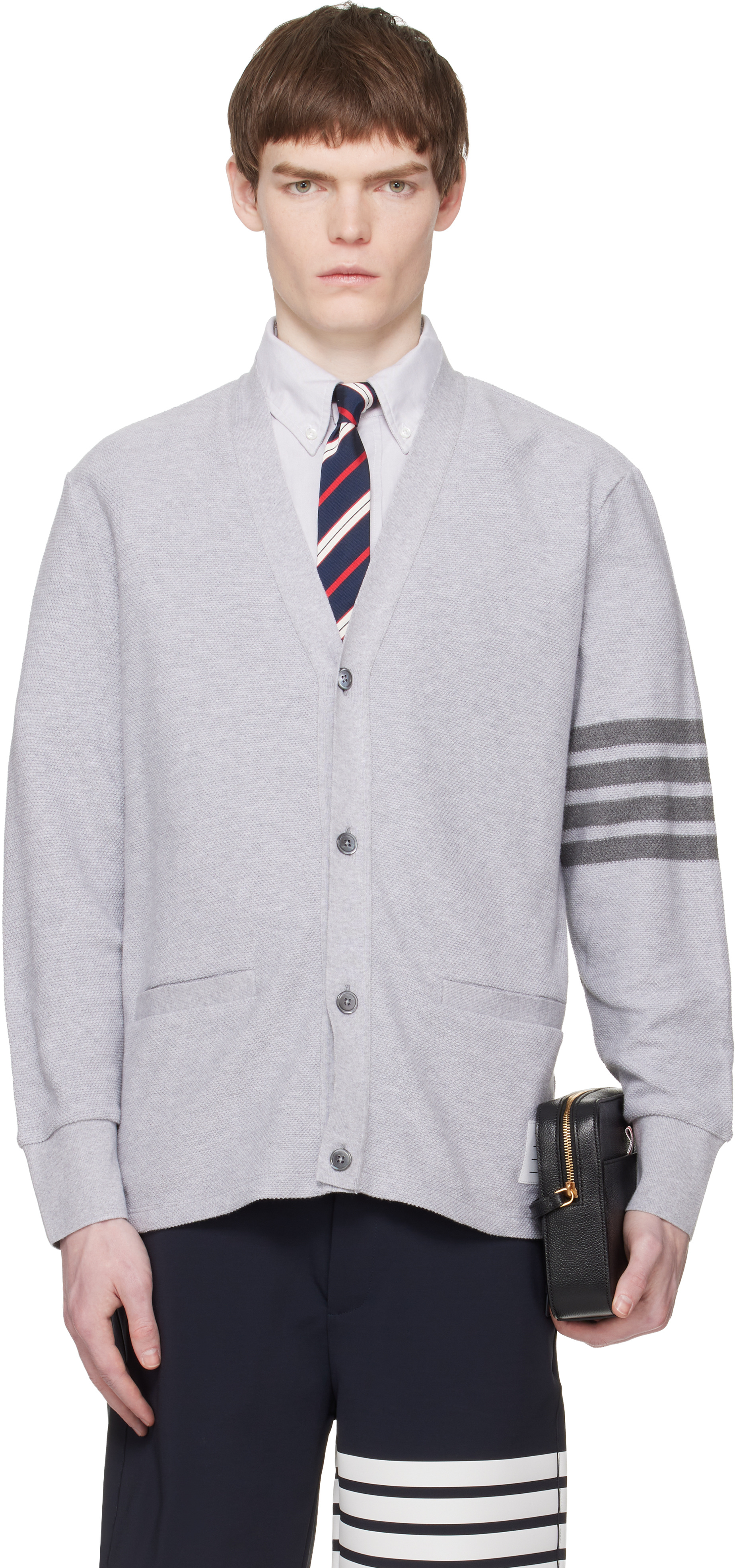 Thom Browne: Gray Textured Pique 4-Bar Cardigan | SSENSE