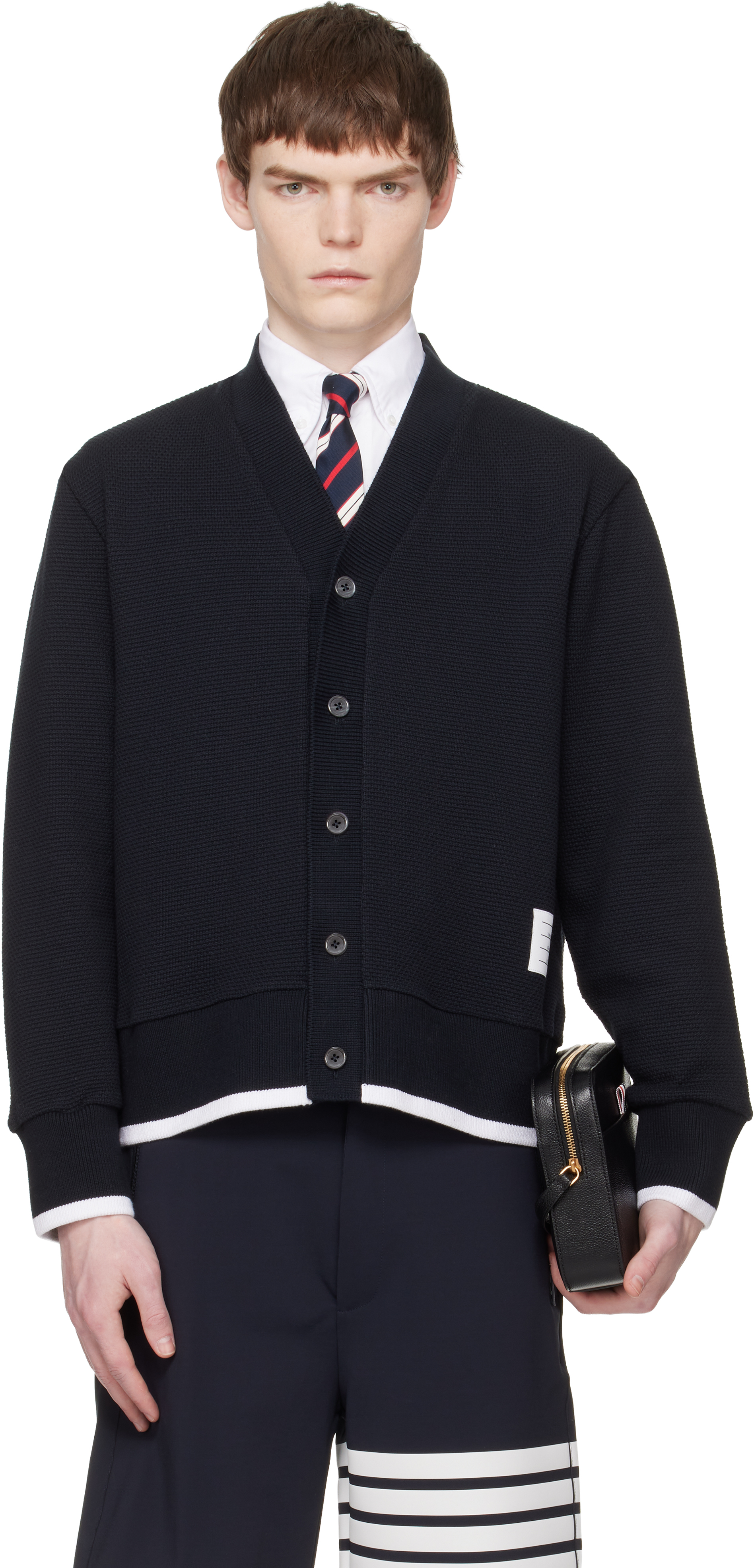 Thom Browne: ネイビー Vネック カーディガン | SSENSE 日本