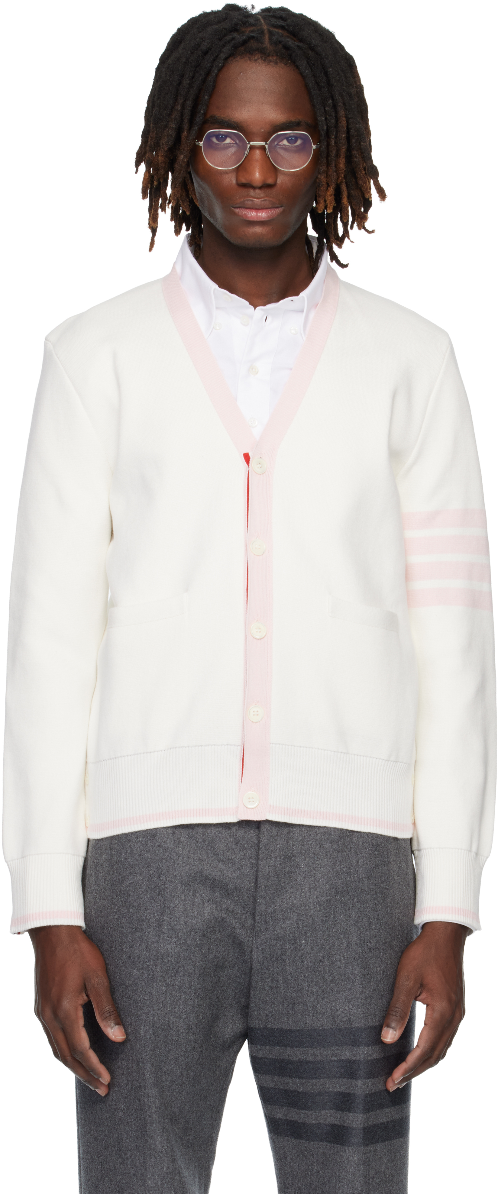 Thom Browne: ホワイト Cotton 4-Bar Milano Classic Vネック