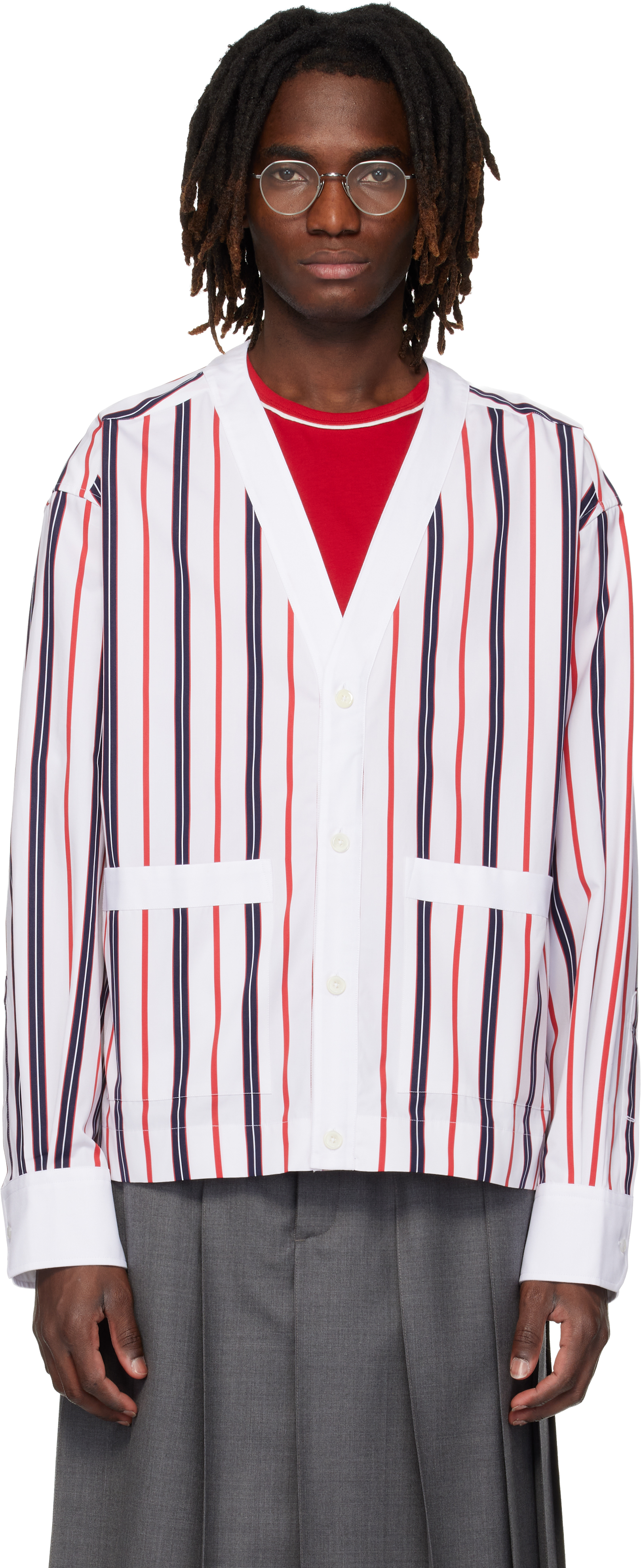 Thom Browne: ホワイト Repp ストライプ ポプリン シャツ カーディガン Thom Browne: ホワイト Repp ストライプ ポプリン シャツ カーディガン