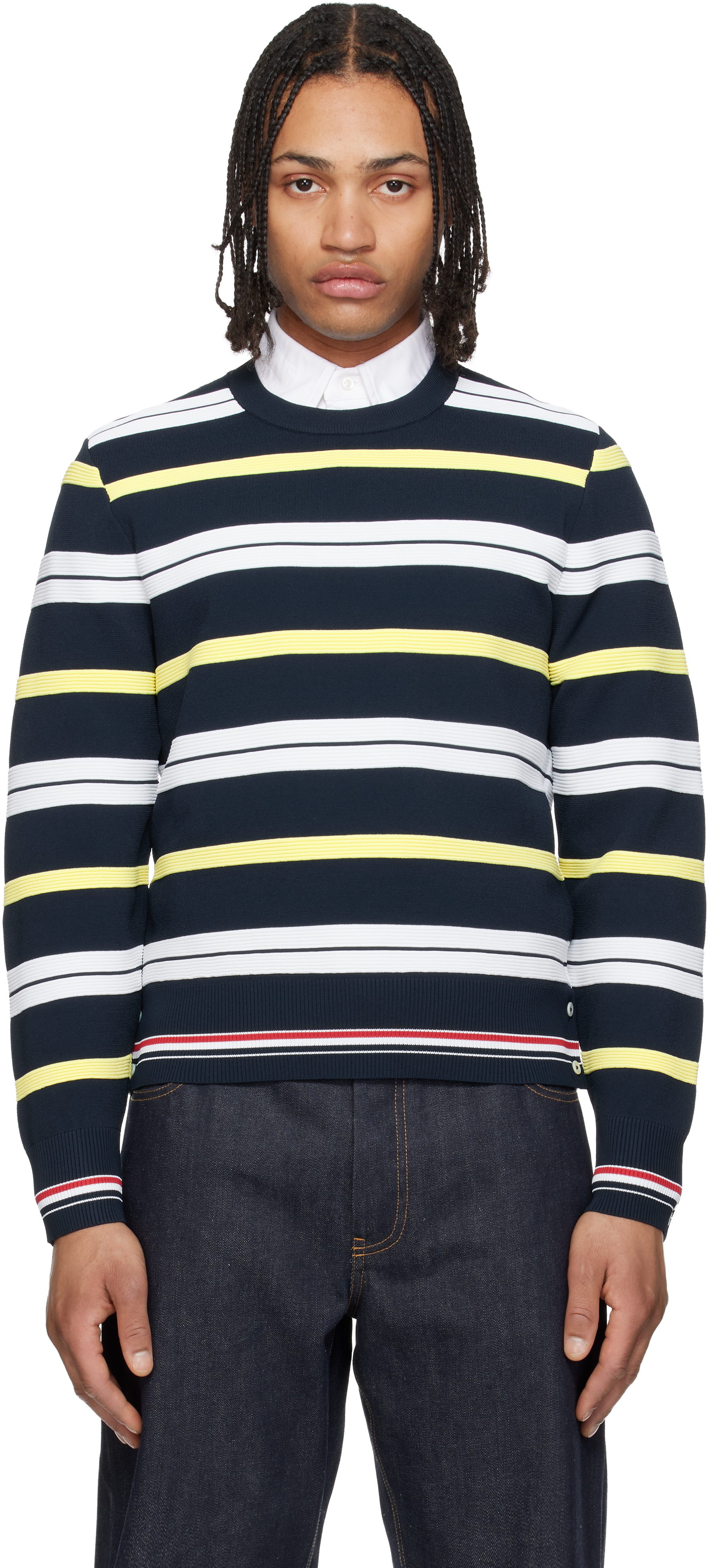 Thom Browne: ネイビー Variegated Rep Stripe Ottoman Stitch クルー