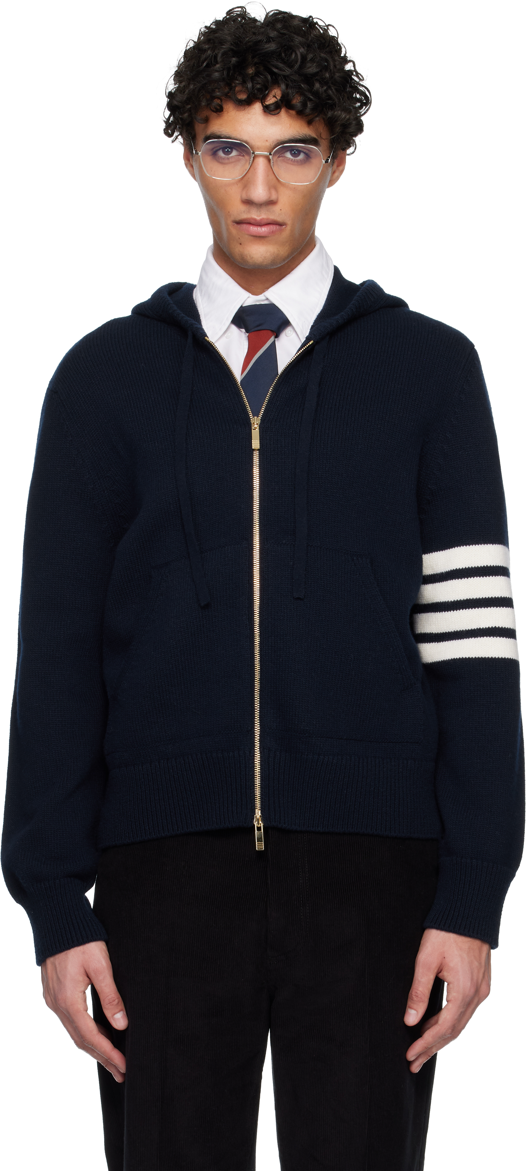 Thom Browne: Navy Intarsia Zip Up 4-Bar Hoodie | SSENSE