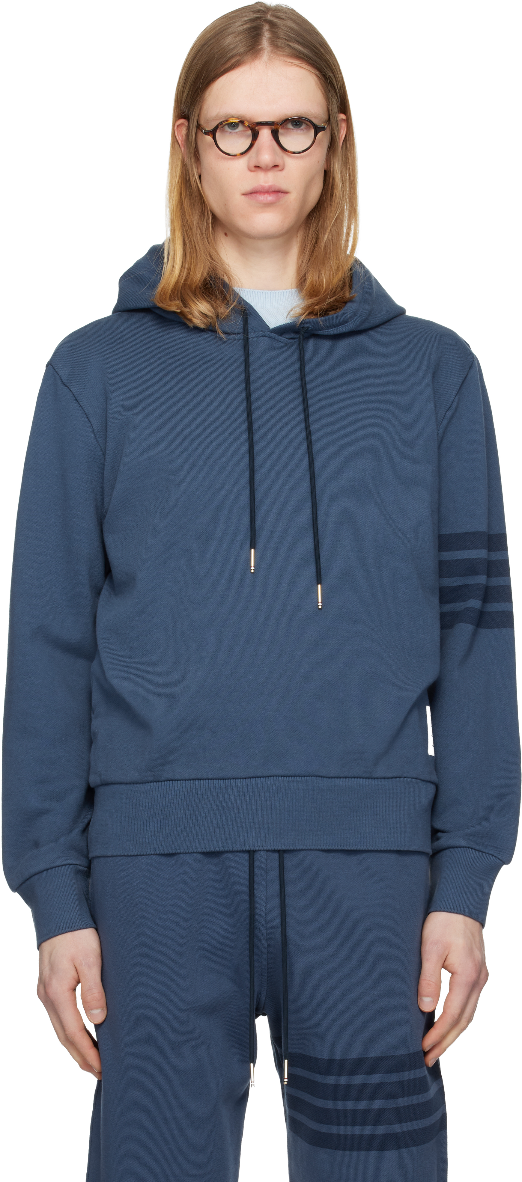 Blue Solid Loopback Overdyed 4-Bar Hoodie