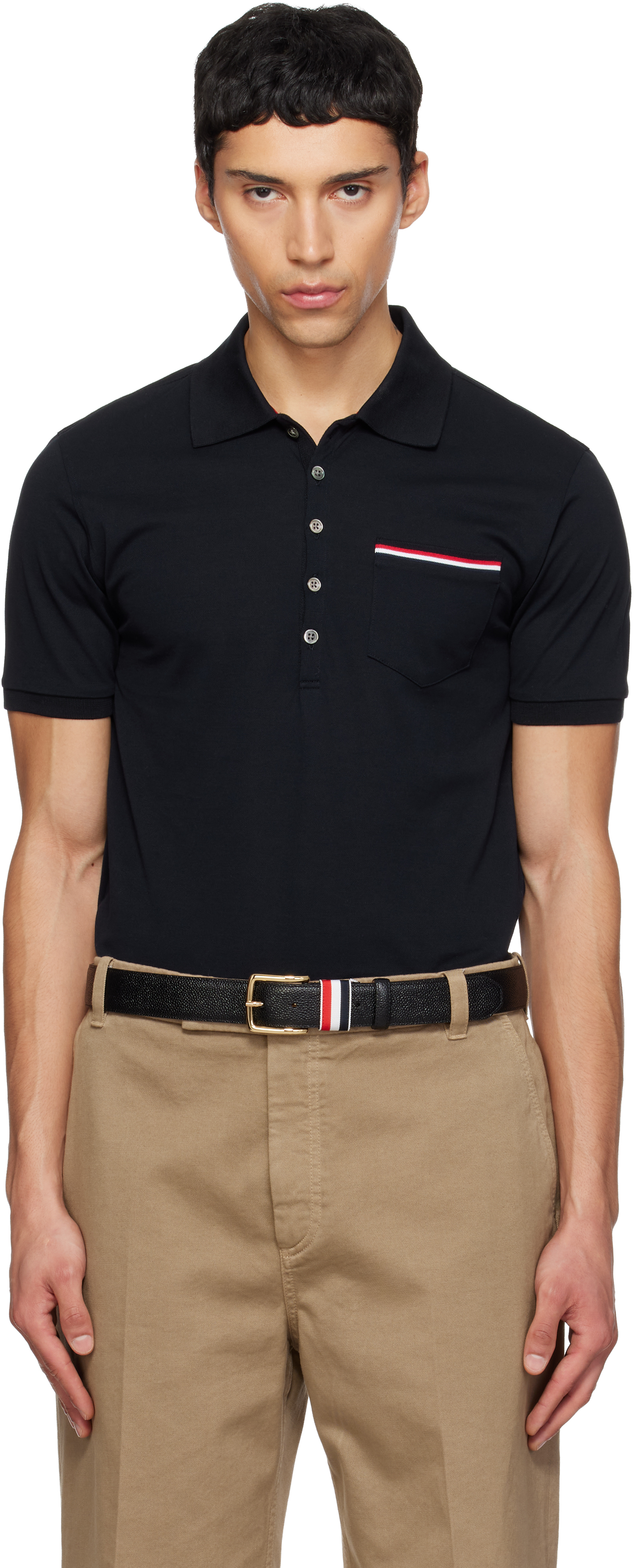 Thom Browne: ネイビー ピケ ポケット ポロシャツ | SSENSE 日本