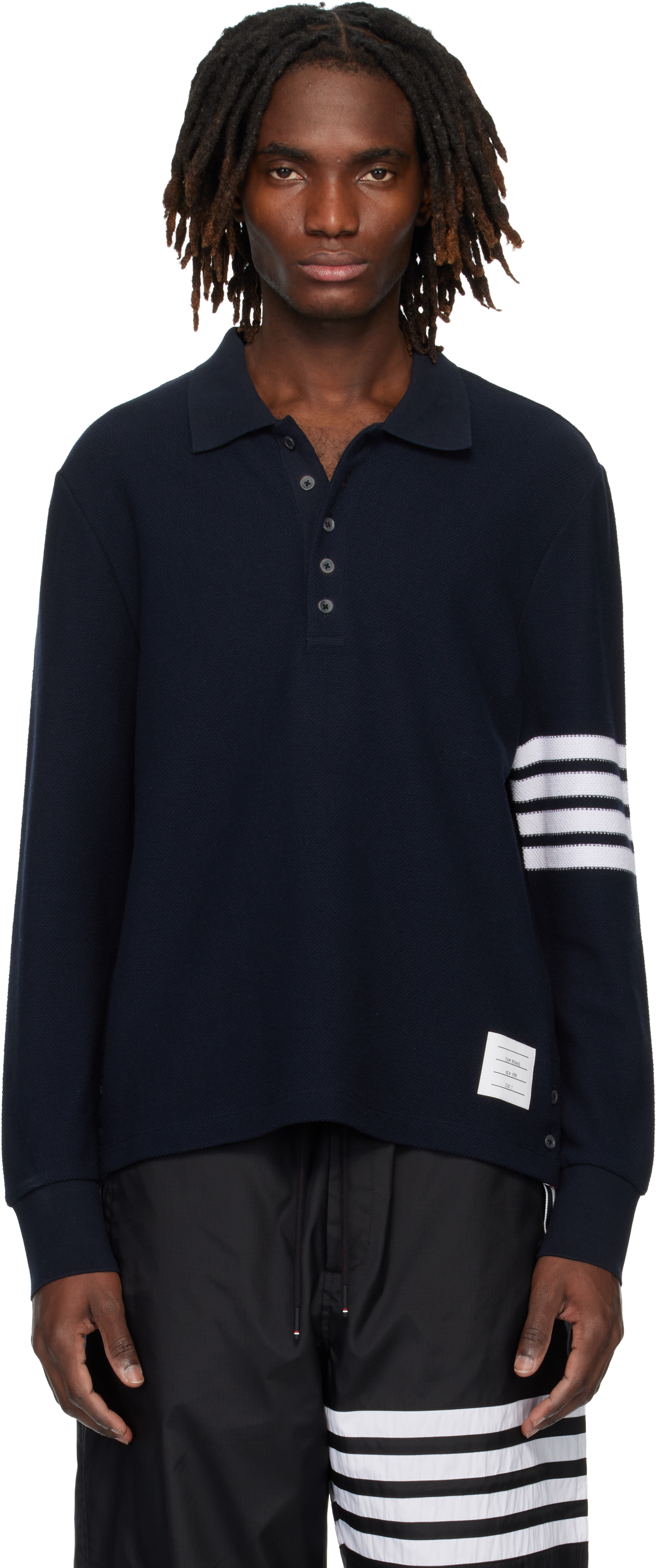 Navy Textured Pique 4-Bar Long Sleeve Polo