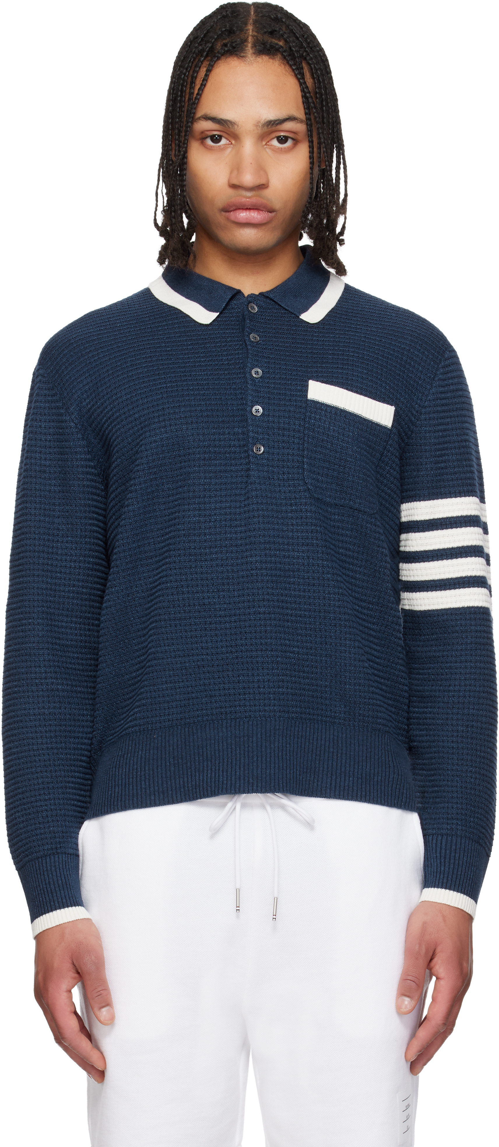 THOM BROWNE ネイビー ポロシャツ Thom Browne: Navy Textured Stitch Relaxed Fit 4-Bar Polo | SSENSE
