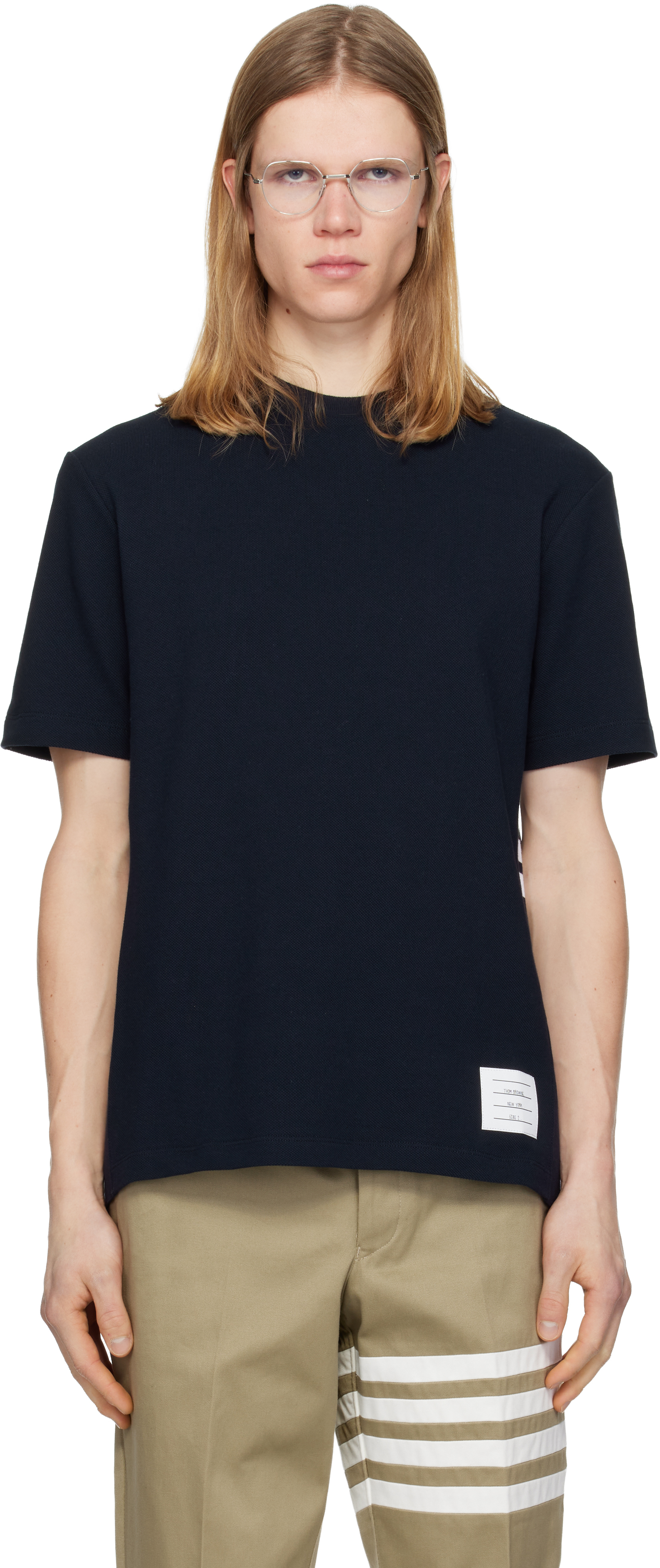 Thom Browne: ネイビー 4-Bar クラシック ピケ Tシャツ | SSENSE 日本