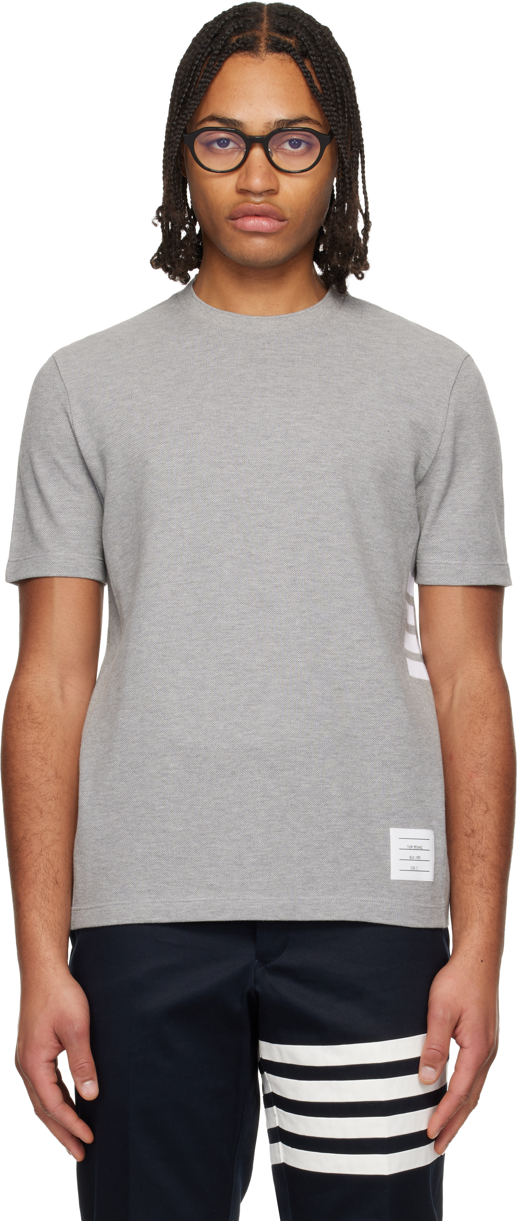 Thom Browne: Gray Classic Pique 4-Bar T-shirt | SSENSE
