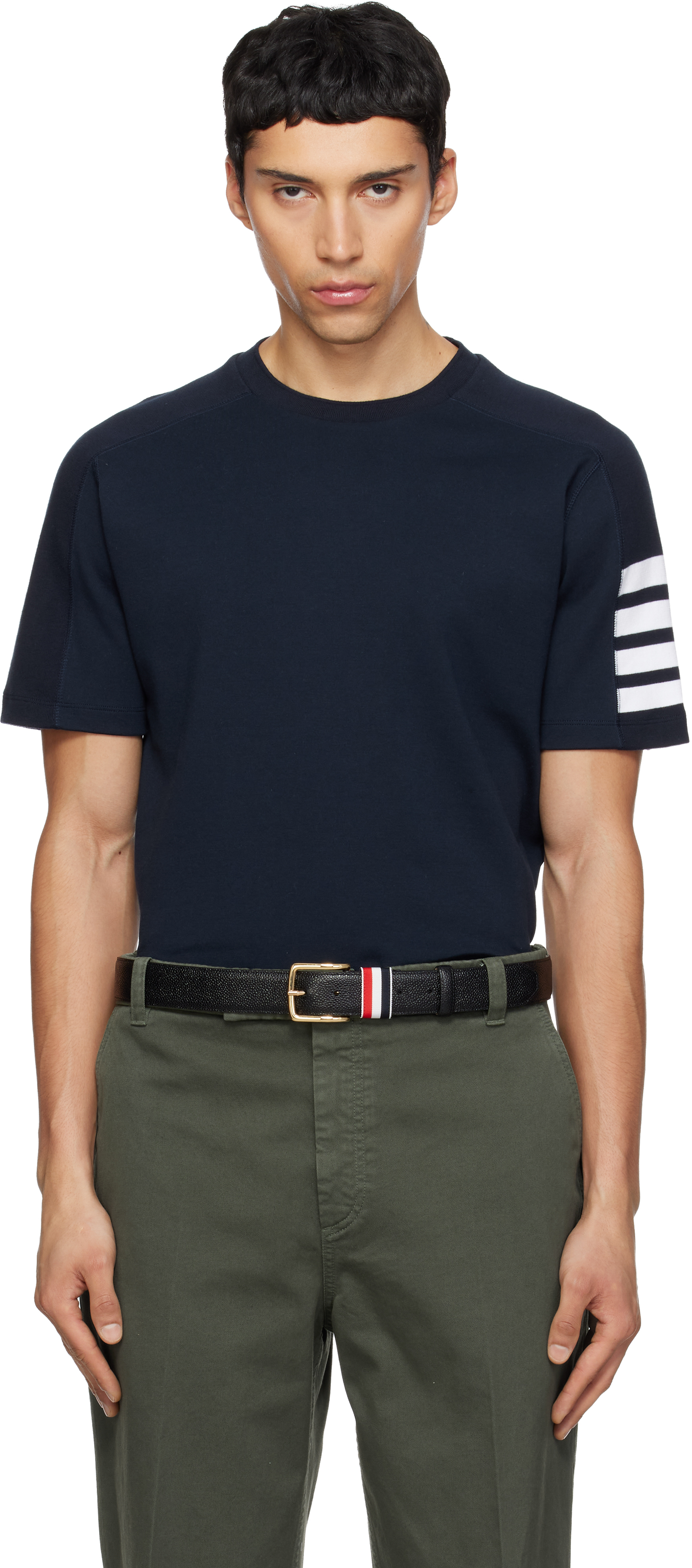 Thom Browne: Navy Milano Cotton 4-Bar T-shirt | SSENSE