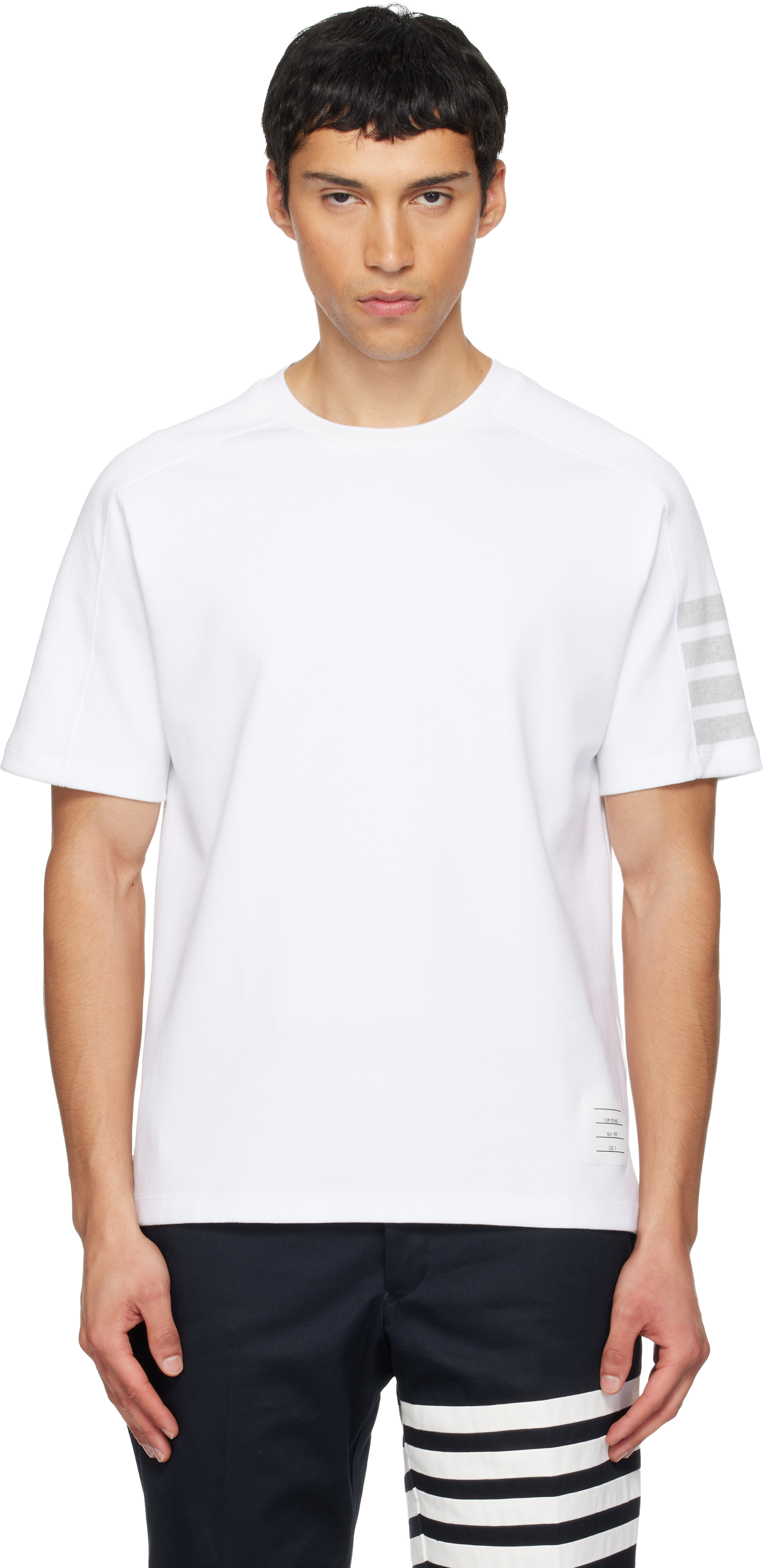 【極美品】THOM BROWNE コットンツイル　4BAR Thom Browne: ホワイト Milano Cotton 4-Bar Tシャツ | SSENSE 日本