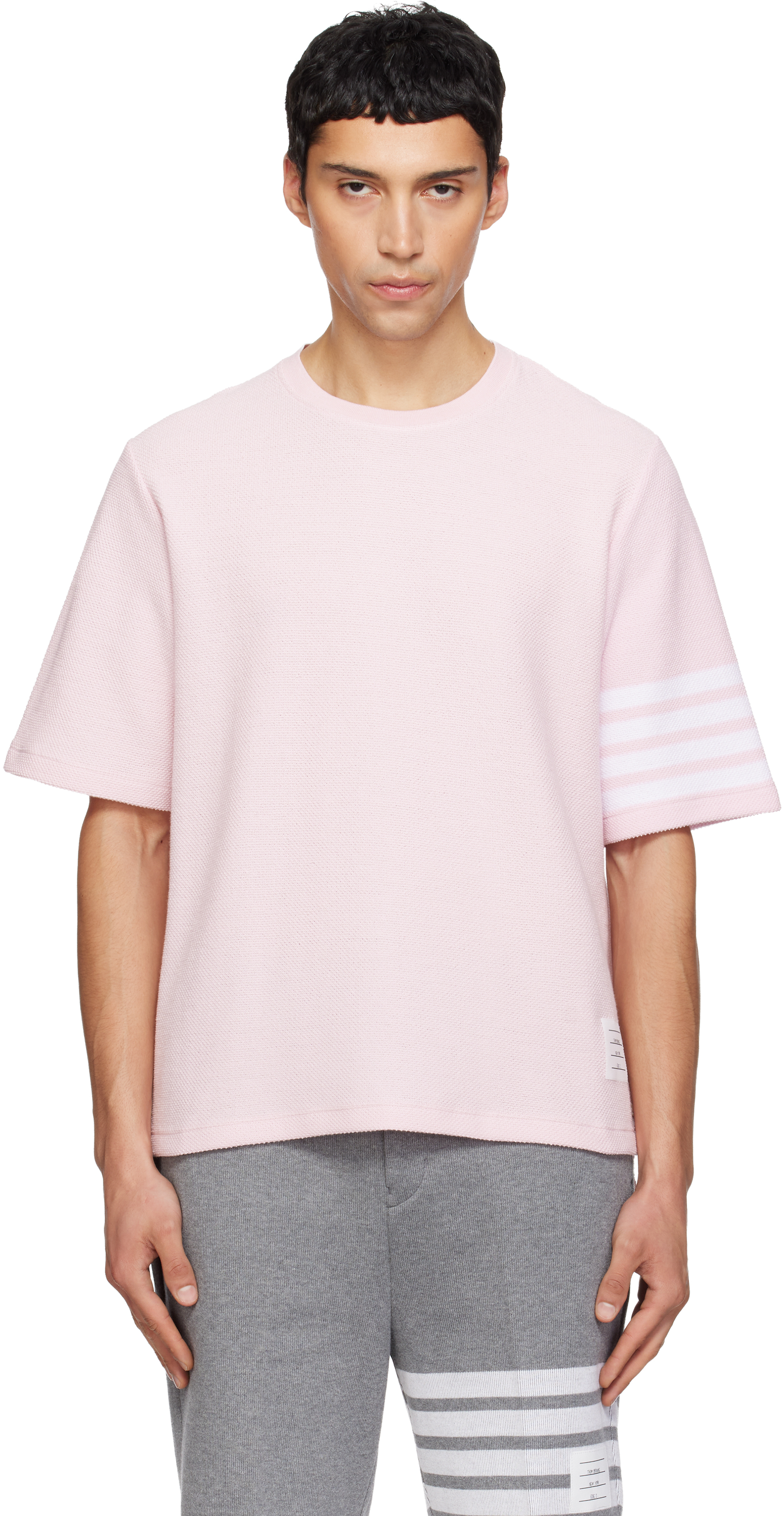 Thom Browne: ピンク 4-Bar テクスチャード ピケ Tシャツ | SSENSE 日本
