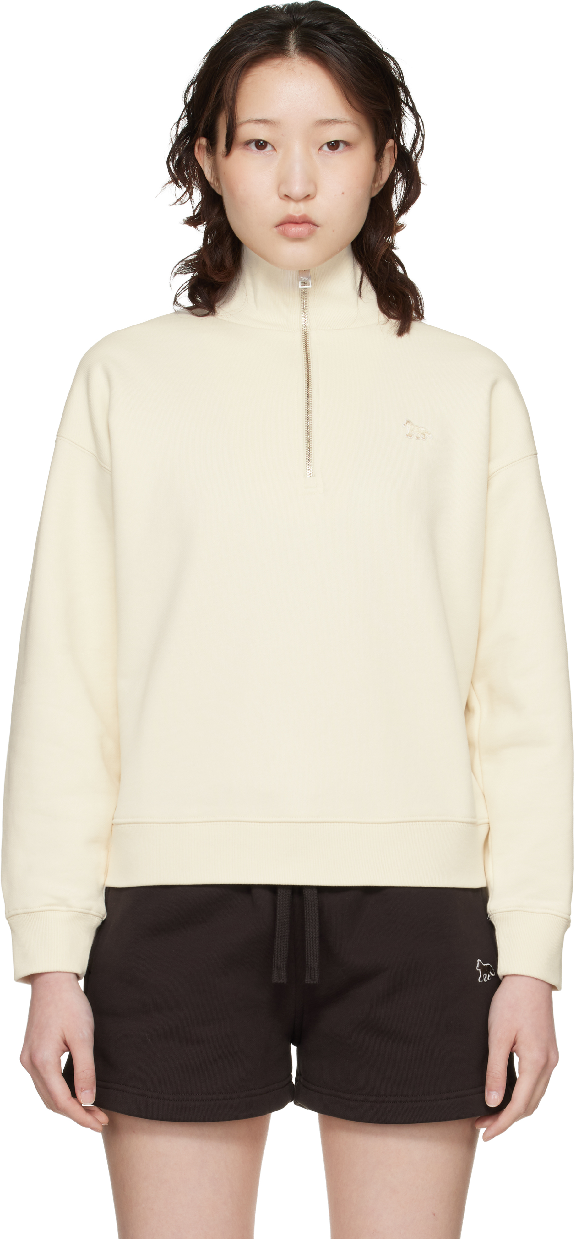 MAISON KITSUNÉ タートルネック22FW ベイビーフォックス Maison Kitsuné: Off-White Baby Fox Half Zip Sweatshirt | SSENSE