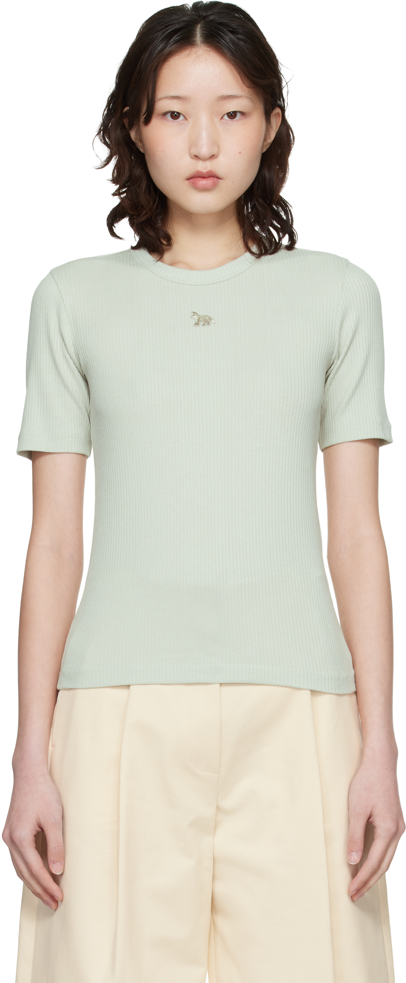 Maison Kitsunéのグリーン ベビーフォックス リブ フィット Tシャツが