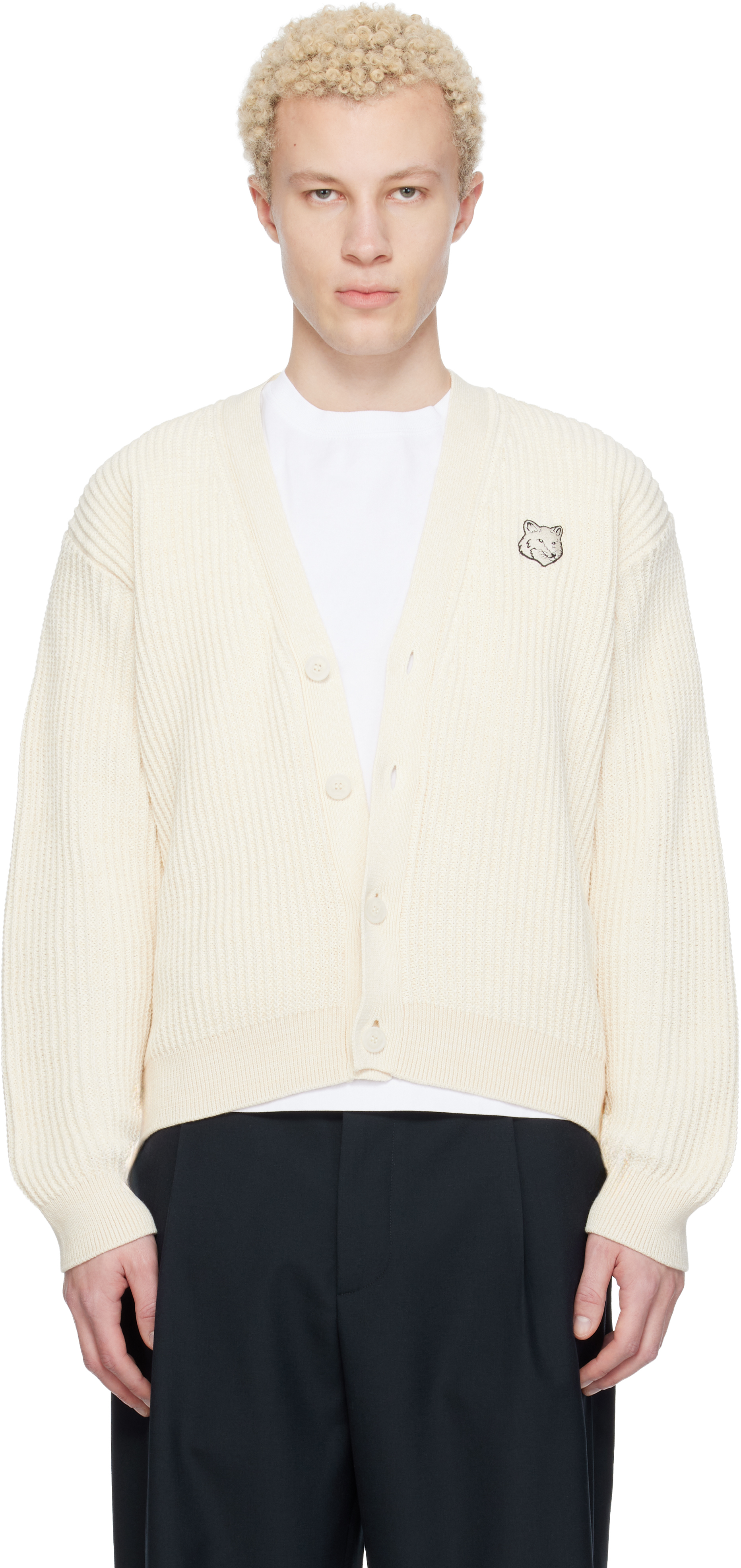 Maison Kitsuné Off-White Fox Head Cotton Ribbed Cardigan