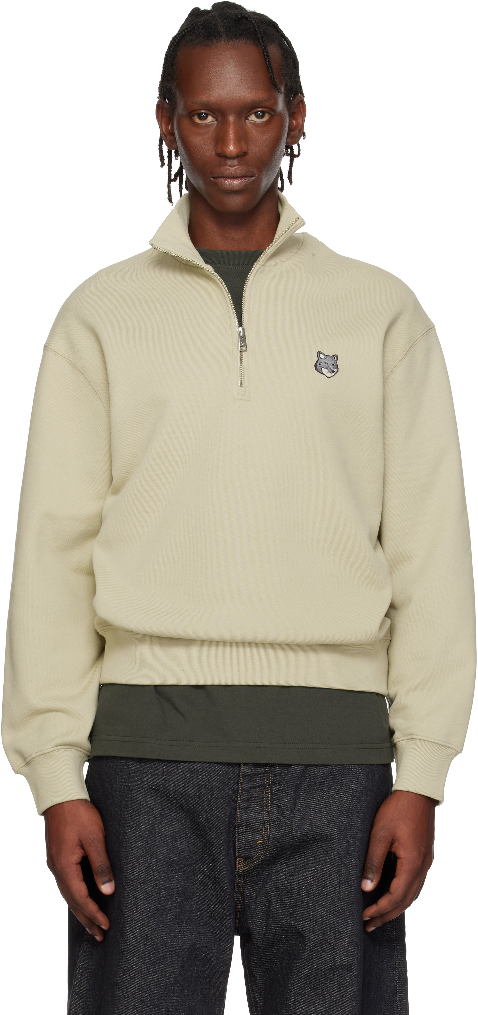 MAISON KITSUNÉ ベージュ フルジップフーディ L Maison Kitsuné: Beige Fox Head Comfort Half Zip Sweatshirt