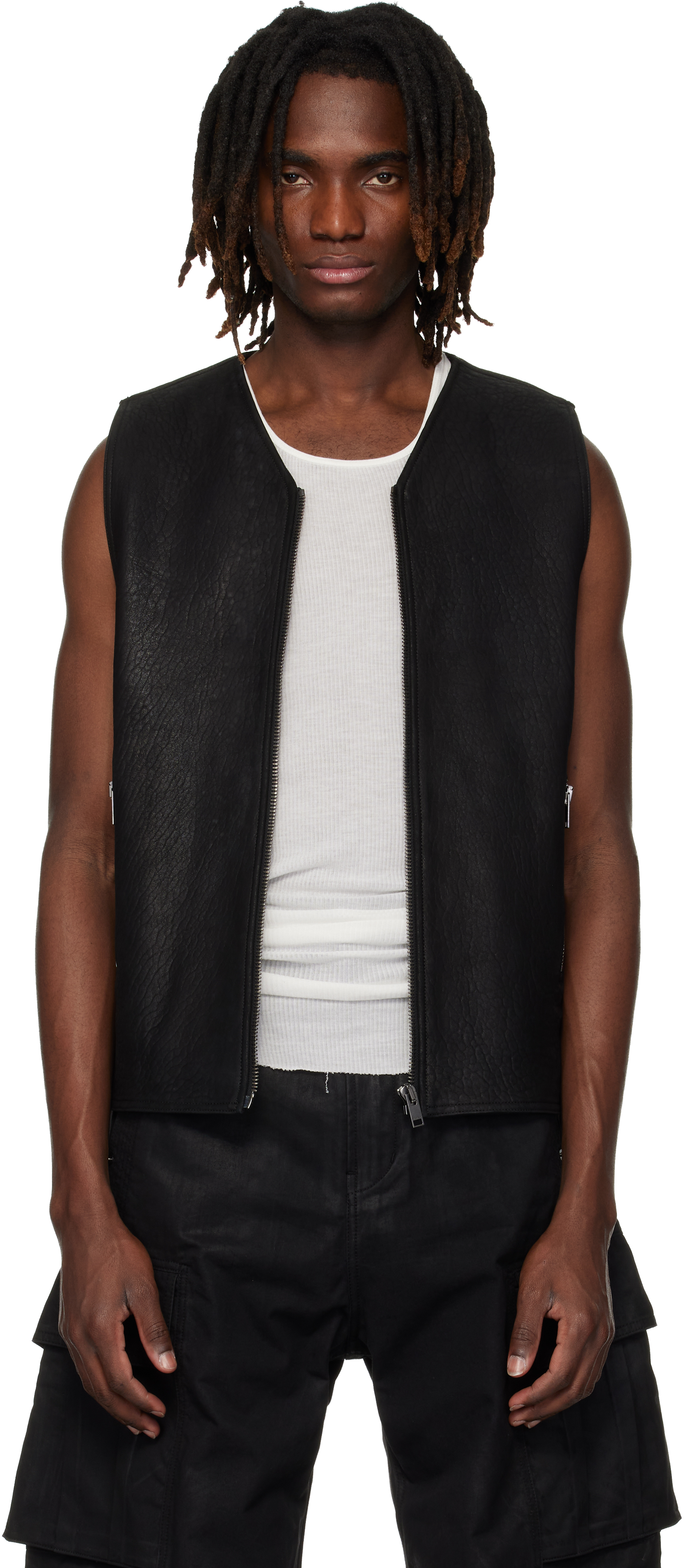  draft vest サイズL DET BLEV SENTのブラック ジッパー レザーベストがセール中