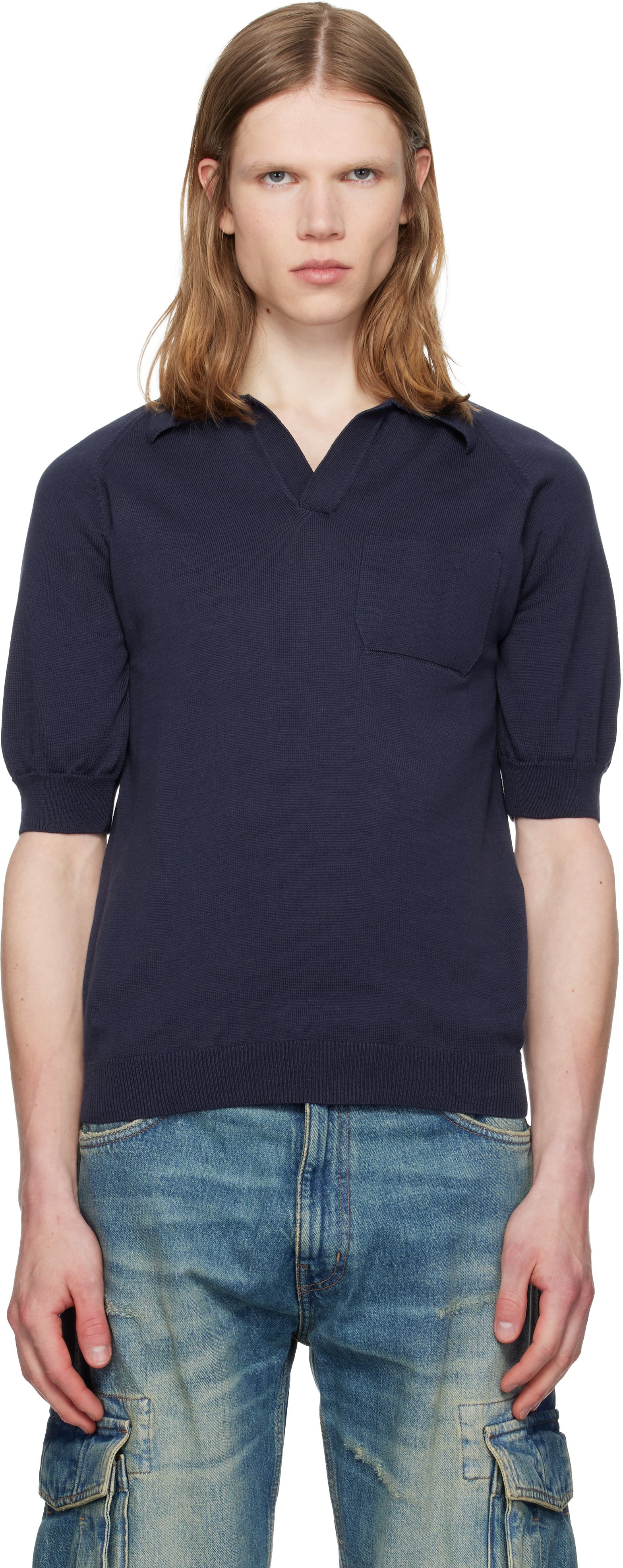 Silas Navy Knit Polo In Blue