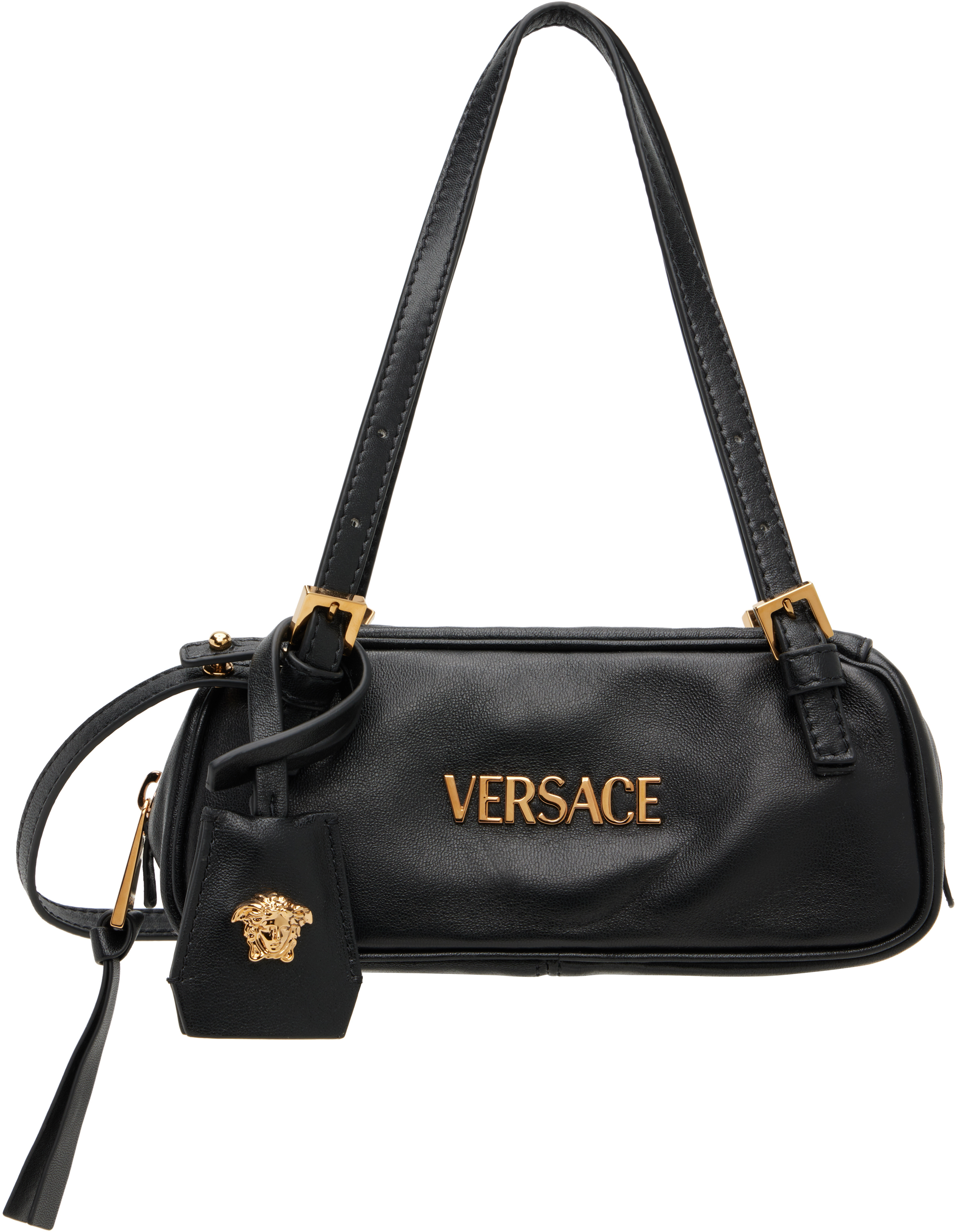 Versace: ブラック ミニ 'Versace Tag' ナッパ ボウリング バッグ