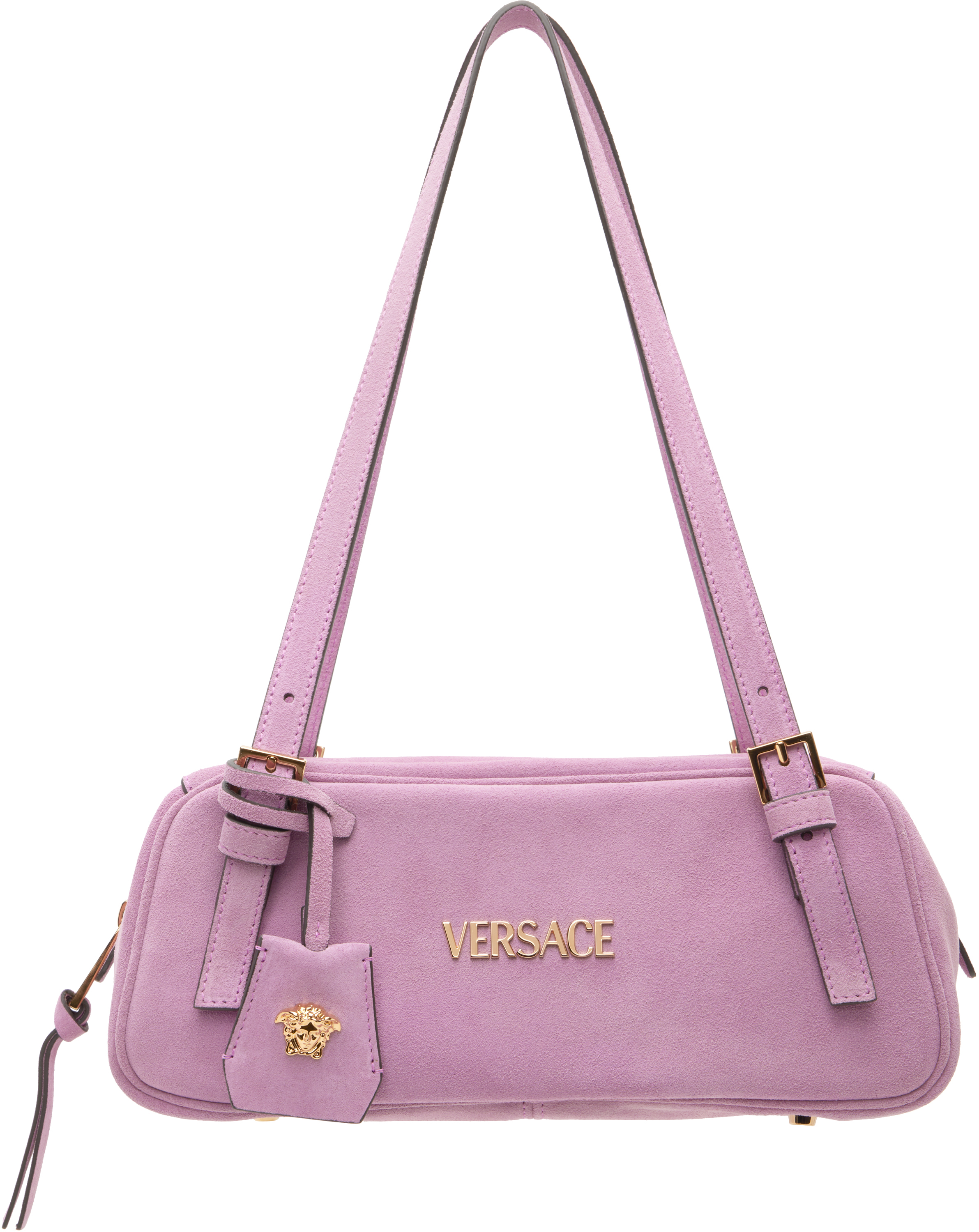 Versaceのピンク 'Versace Tag' スエード ボウリング バッグがセール中