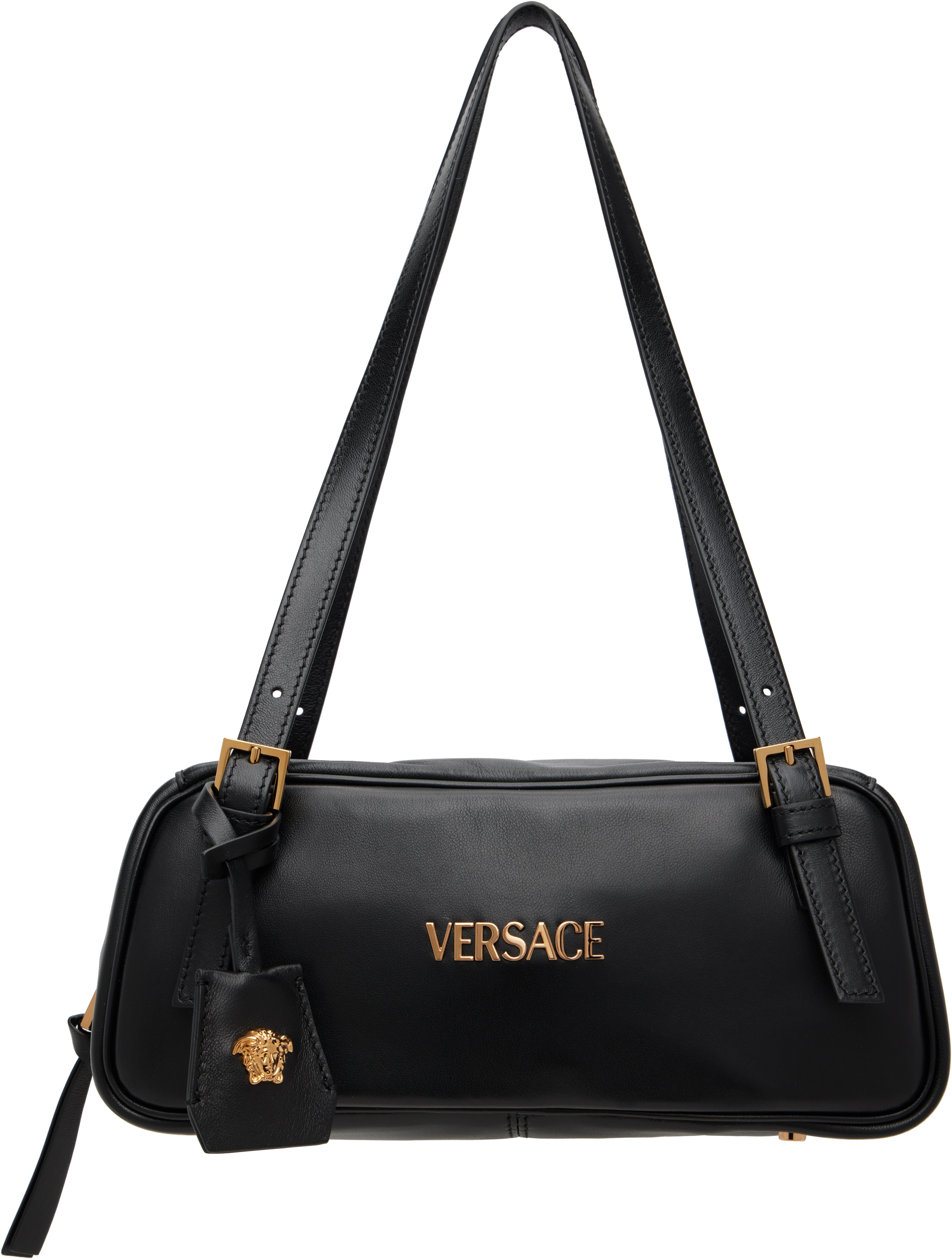 Black 'Versace Tag' Nappa Bowling Bag by Versace on Sale