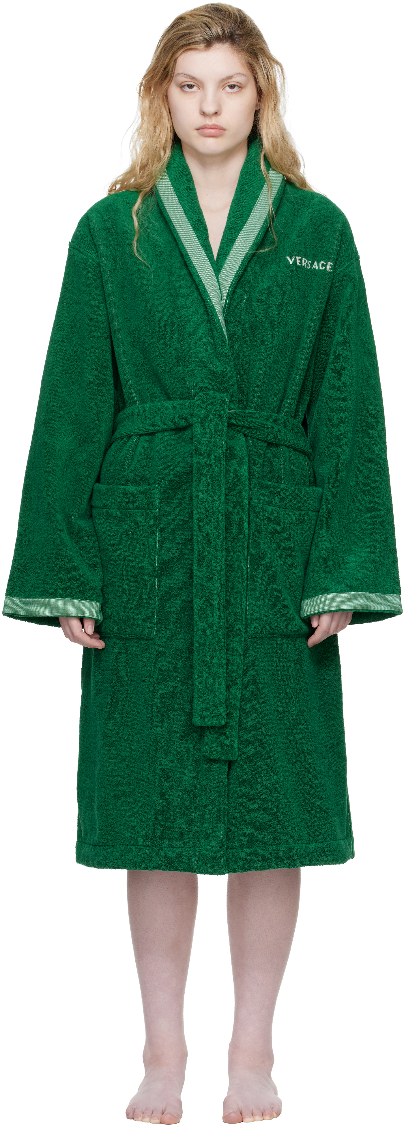 Versace: Green Cotton-Terry Jacquard Bathrobe | SSENSE