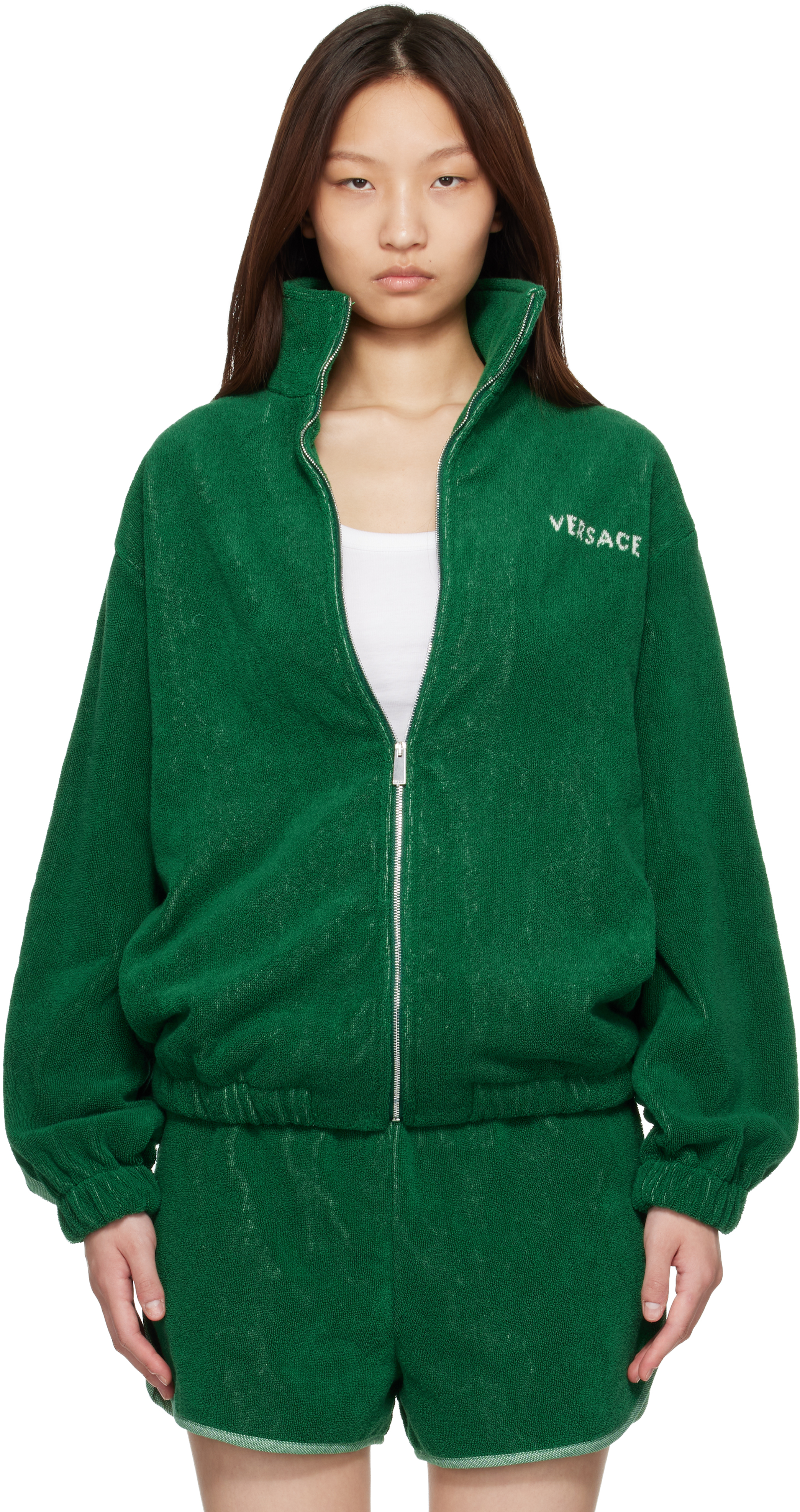 Versace: Green Cotton-Terry Jacquard Zip Jacket | SSENSE