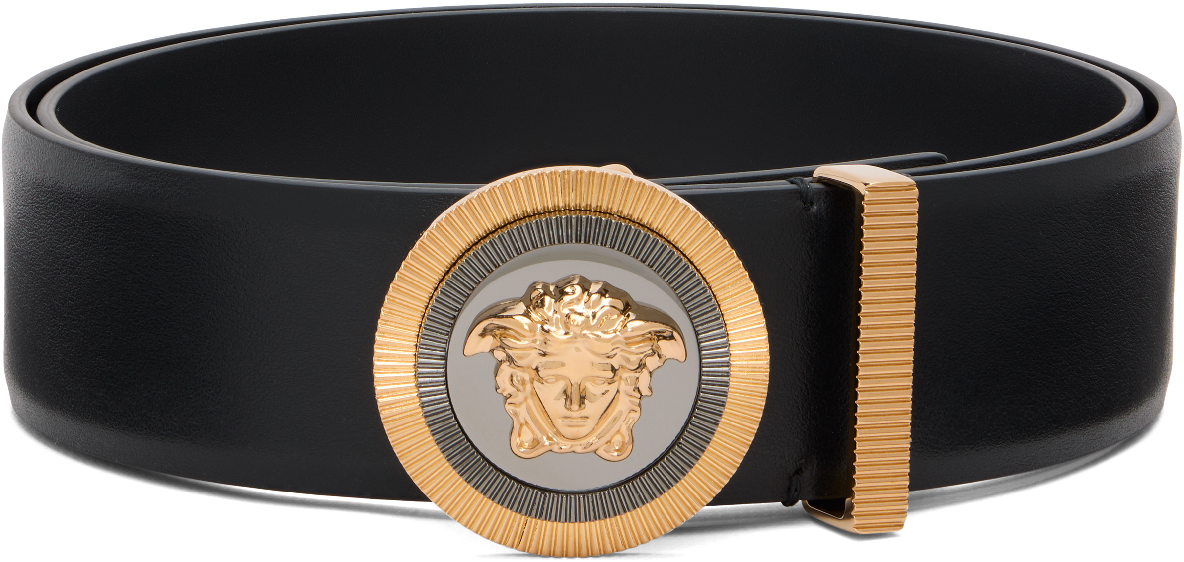 Versace: ブラック メドゥーサ ビギー レザーベルト | SSENSE 日本