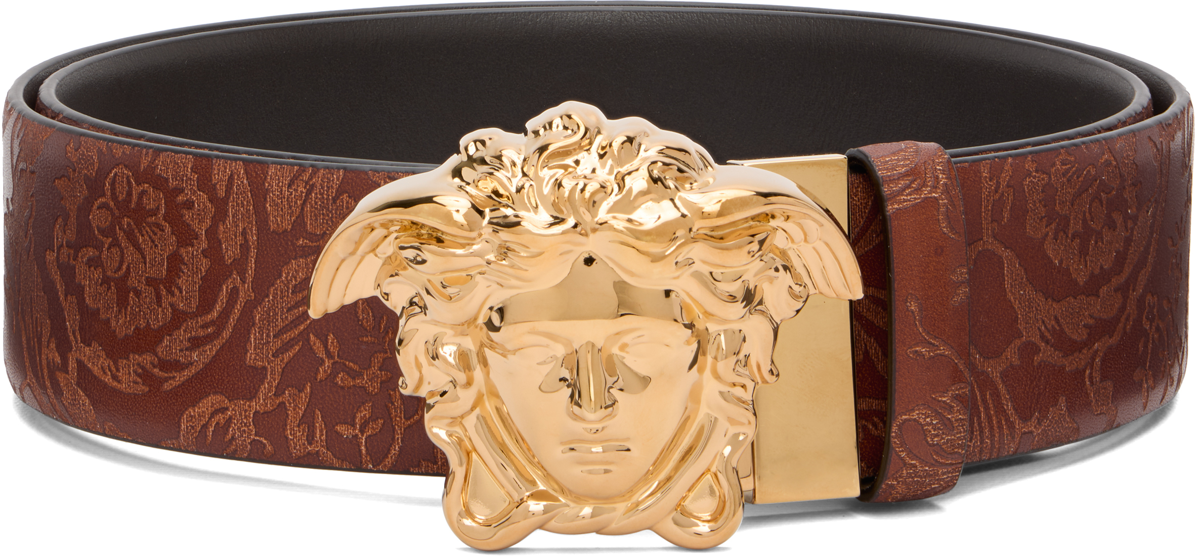 Versaceのブラウン 'La Medusa' レザー リバーシブル ベルトがセール中