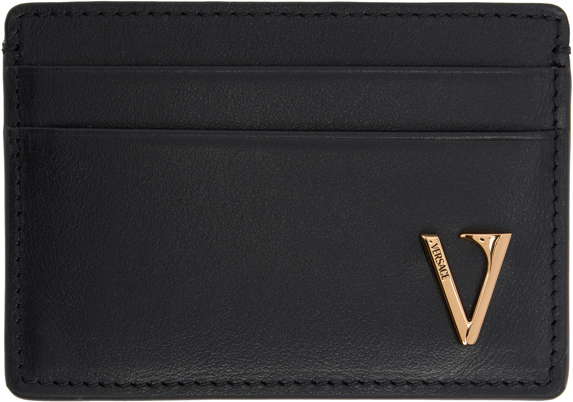 Versace: ブラック 'V' レザー カードケース | SSENSE 日本