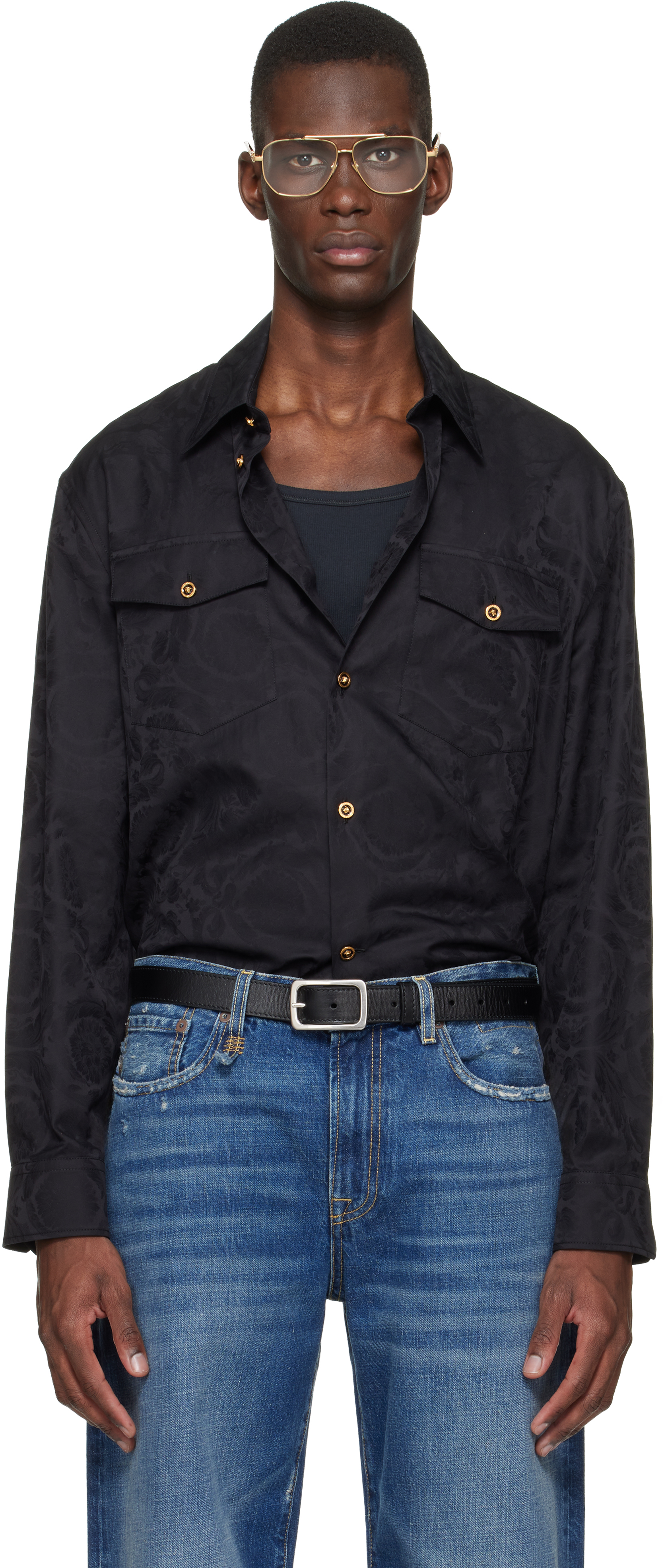 Versace Jacquard Cotton-Poplin Shirt, Male, Black, 44 Versace Jacquard Cotton-Poplin Shirt, Male, Black, 44