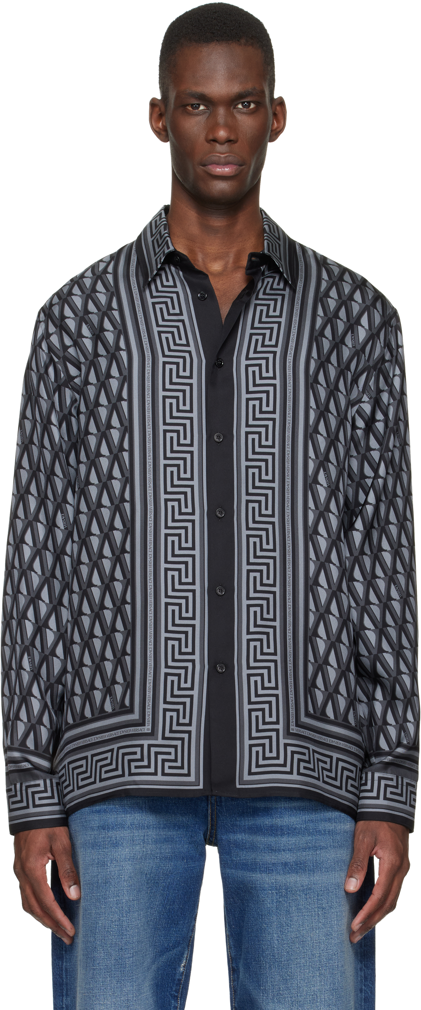 Versace: ブラック＆グレー Printed シルクツイル シャツ | SSENSE 日本