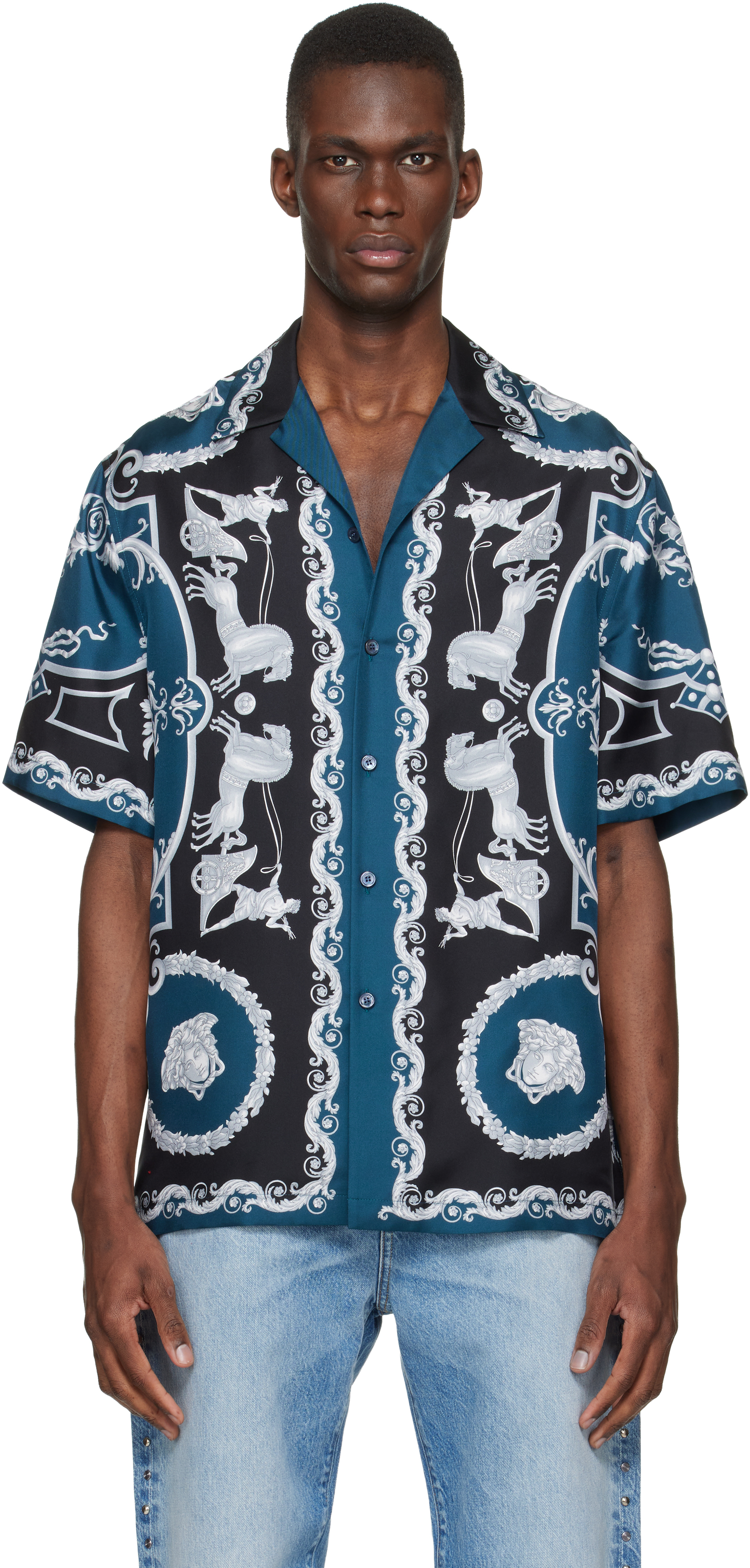 Versace: Blue & Black Printed Silk Twill Regular Shirt | SSENSE
