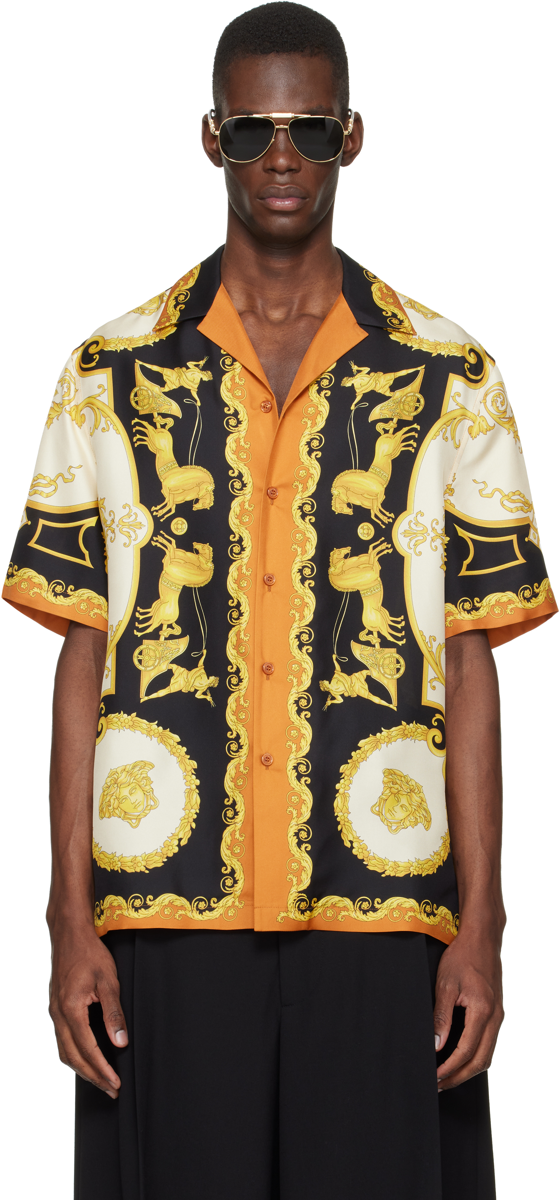 Versace Yellow & Black Printed Silk Twill Regular Shirt
