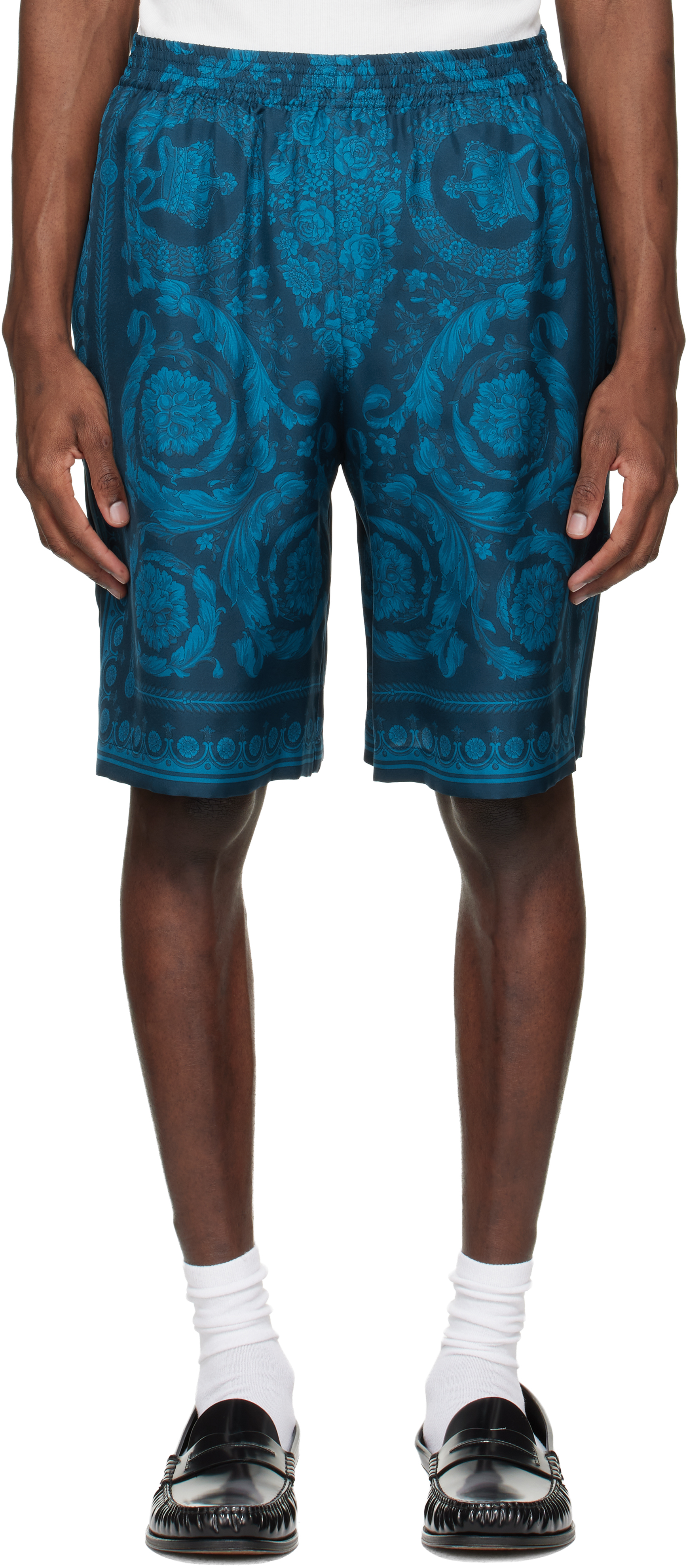 Versace Blue Barocco Silk Shorts