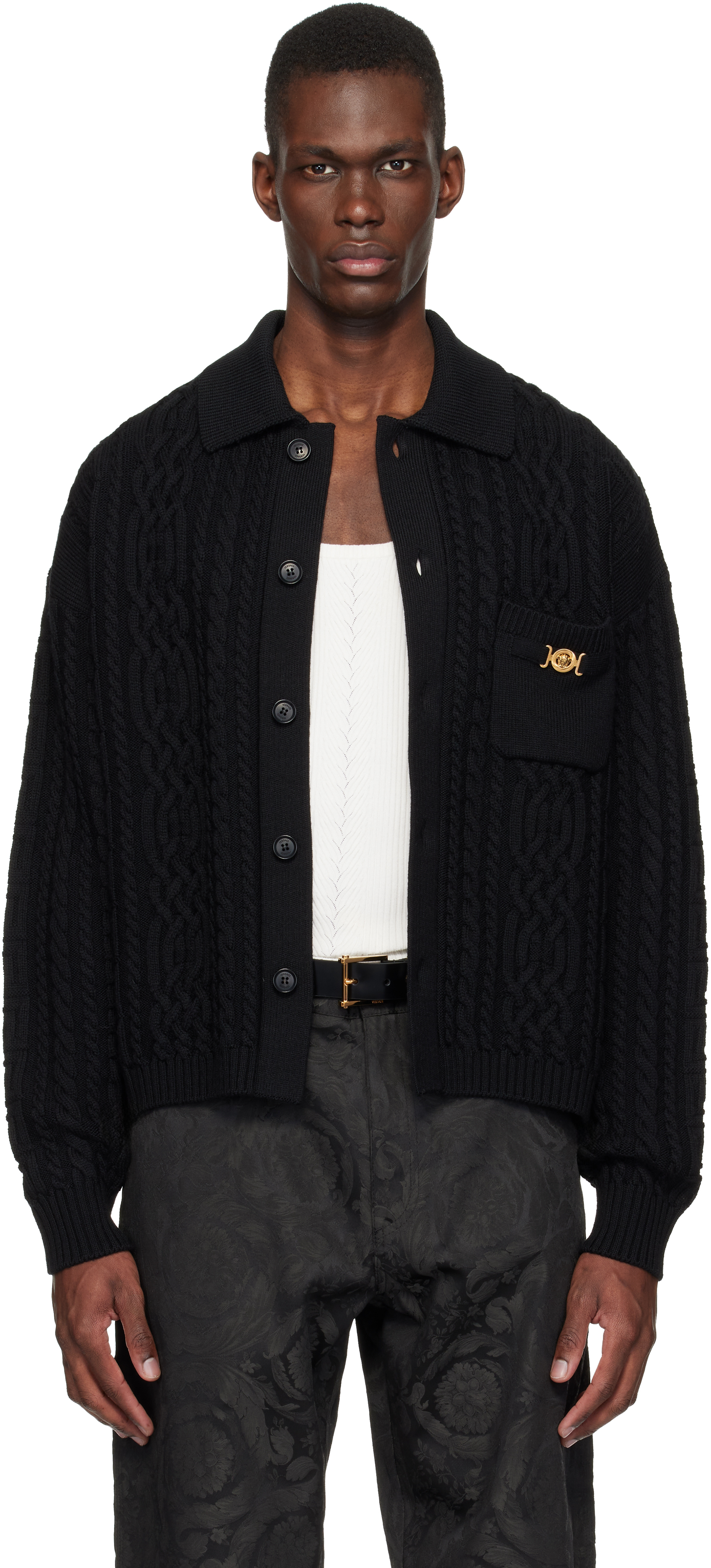 Versace: ブラック Mixed-Stitch ウール ニットカーディガン | SSENSE 日本
