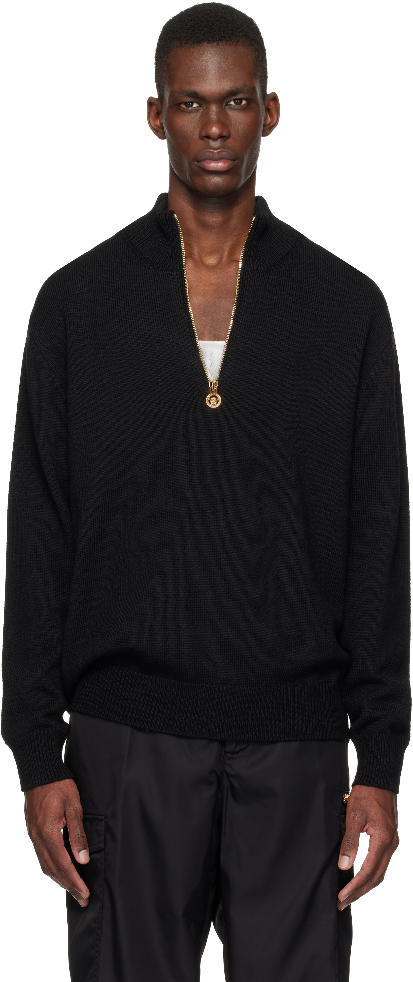 Black Wool-Blend Half-Zip Knit Sweater by Versace on Sale
