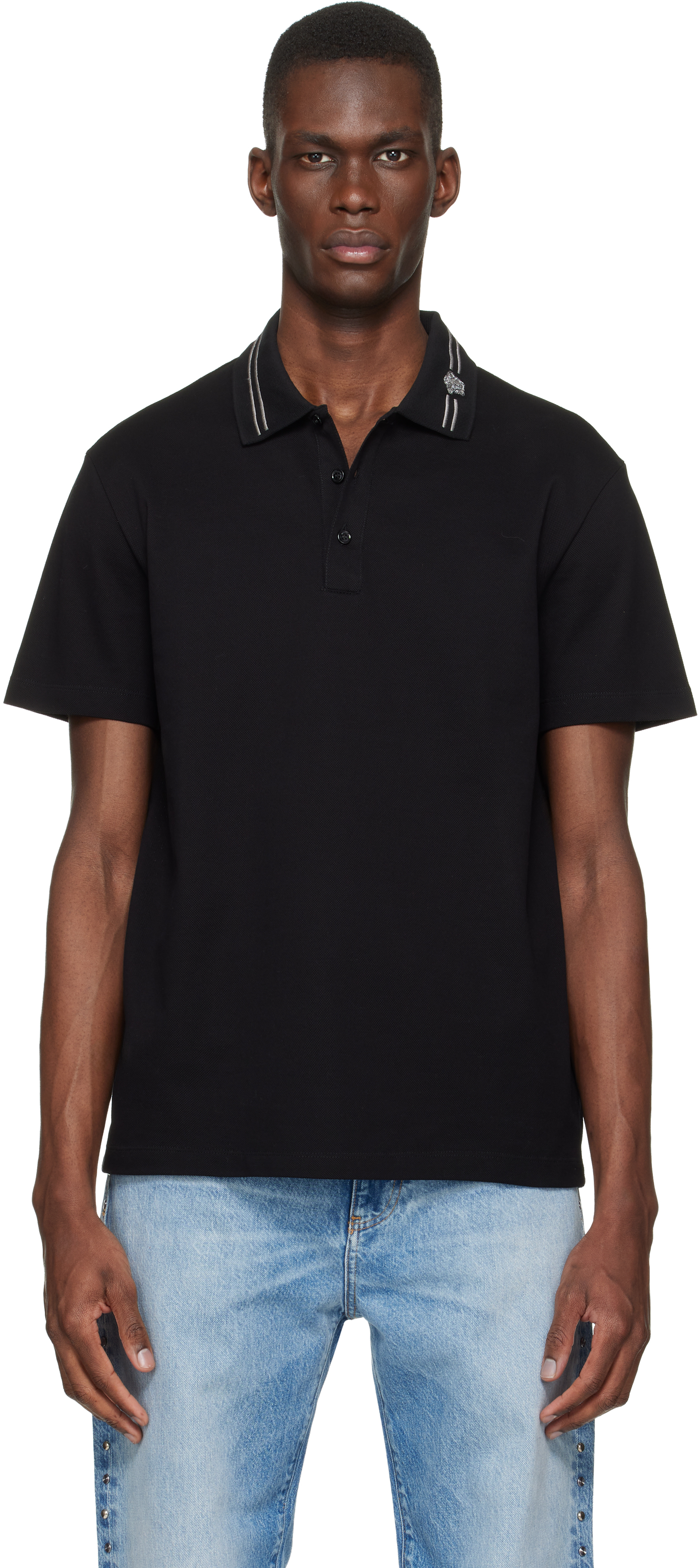 Versace Black Embroidered Cotton Piqué Polo